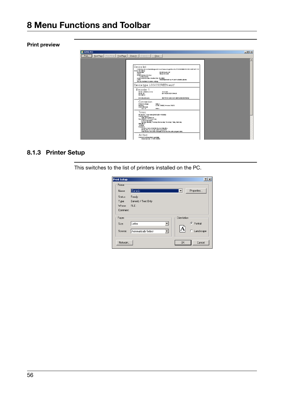 3 printer setup, Printer setup, 8 menu functions and toolbar | JUMO PCA Communications Software PCC (B 70.9702.0) User Manual | Page 56 / 98