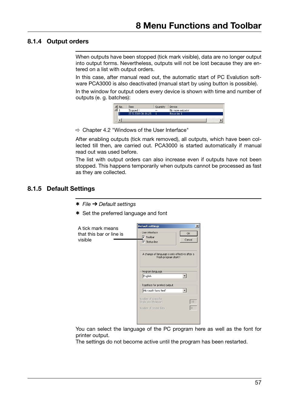 4 output orders, 5 default settings, Output orders | Default settings, 8 menu functions and toolbar | JUMO PCA Communications Software PCC (B 70.9702.0) User Manual | Page 57 / 98