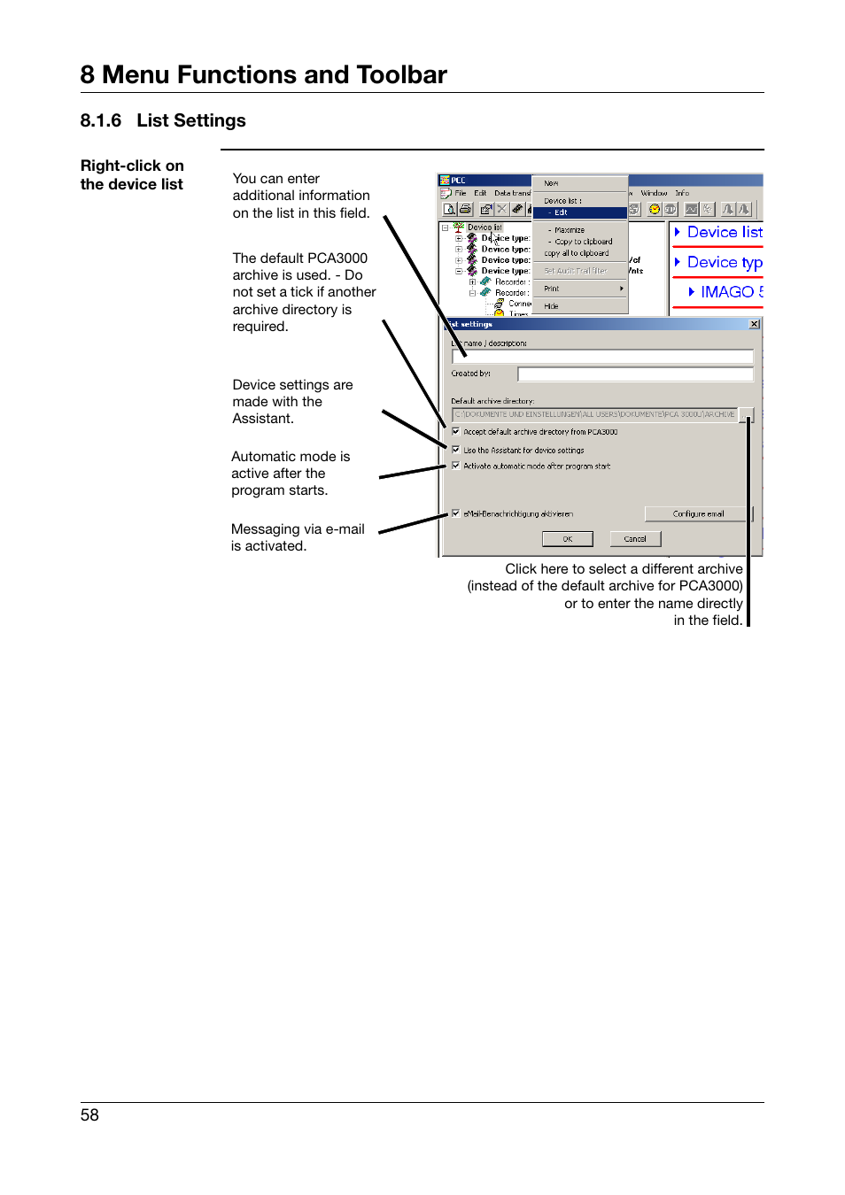 6 list settings, List settings, 8 menu functions and toolbar | JUMO PCA Communications Software PCC (B 70.9702.0) User Manual | Page 58 / 98