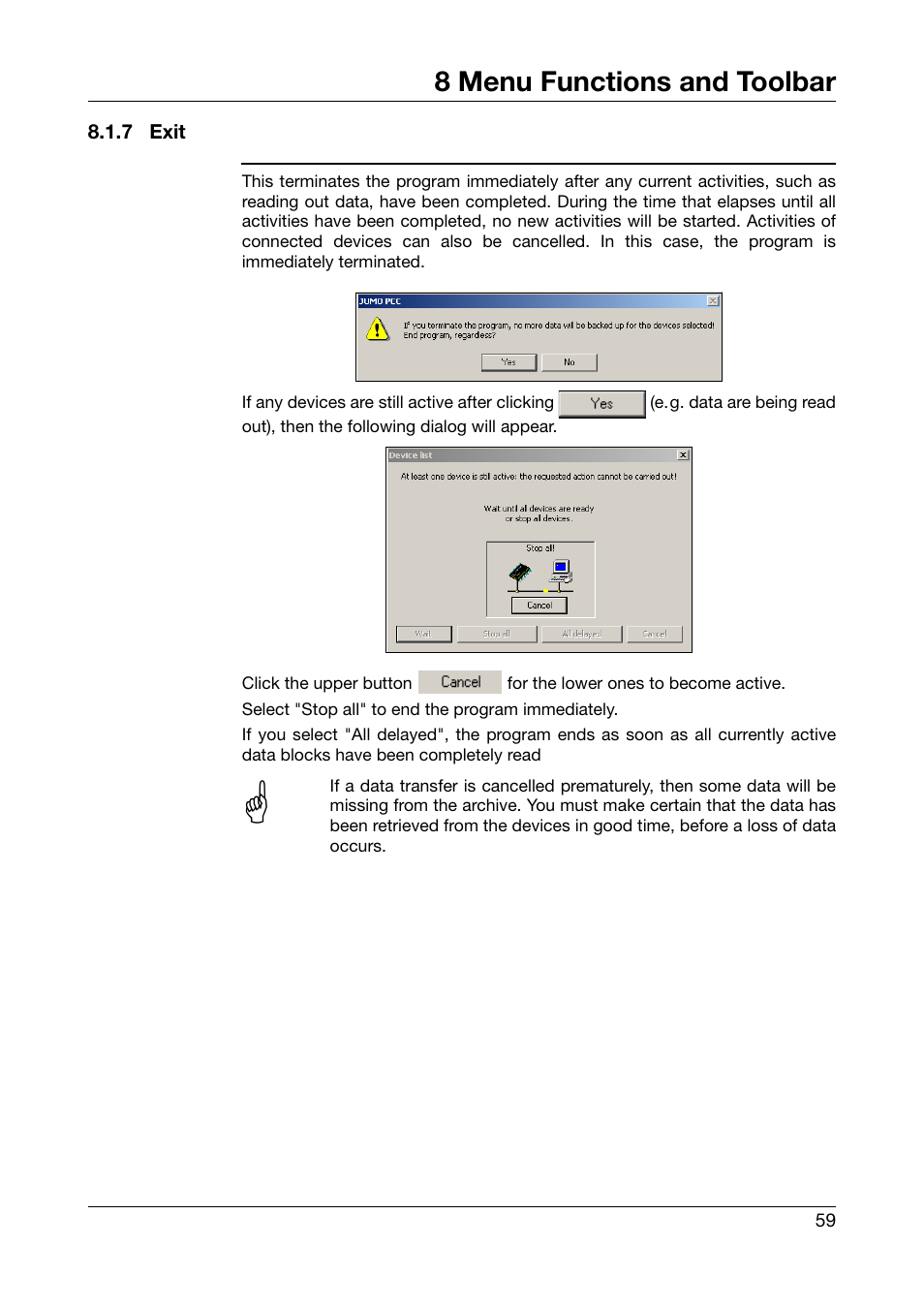 7 exit, Exit, 8 menu functions and toolbar | JUMO PCA Communications Software PCC (B 70.9702.0) User Manual | Page 59 / 98