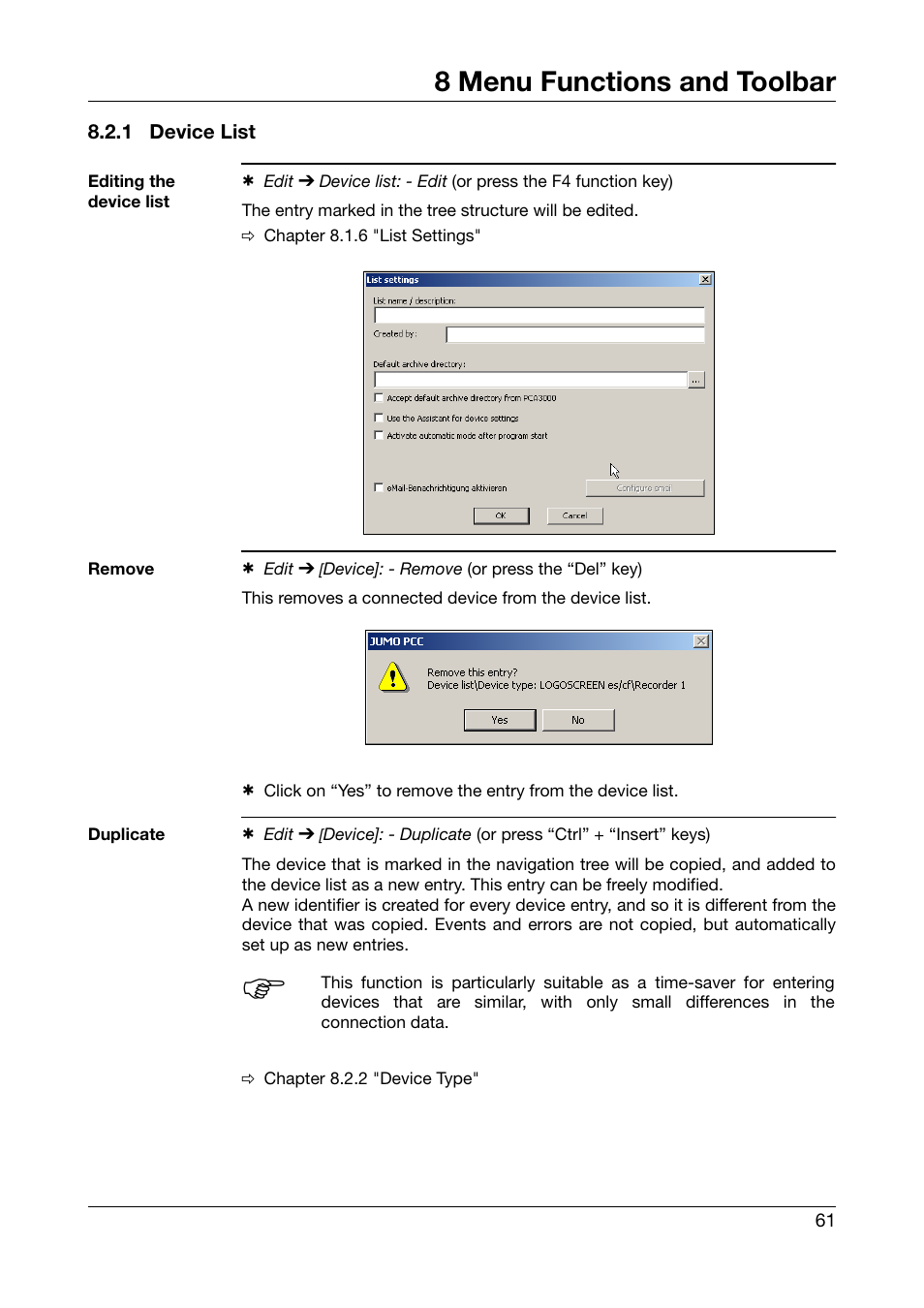 1 device list, Device list, In chapter 8.2.1 "device list | 8 menu functions and toolbar | JUMO PCA Communications Software PCC (B 70.9702.0) User Manual | Page 61 / 98