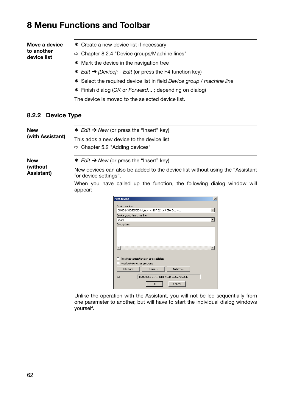 2 device type, Device type, Chapter 8.2.2 "device type | In chapter 8.2.2 "device type, 8 menu functions and toolbar | JUMO PCA Communications Software PCC (B 70.9702.0) User Manual | Page 62 / 98