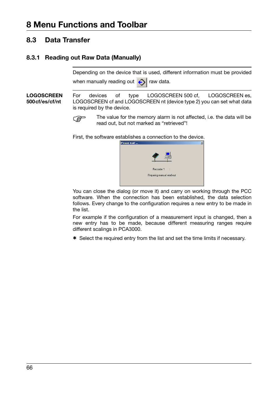 3 data transfer, 1 reading out raw data (manually), Data transfer | Reading out raw data (manually), 8 menu functions and toolbar | JUMO PCA Communications Software PCC (B 70.9702.0) User Manual | Page 66 / 98