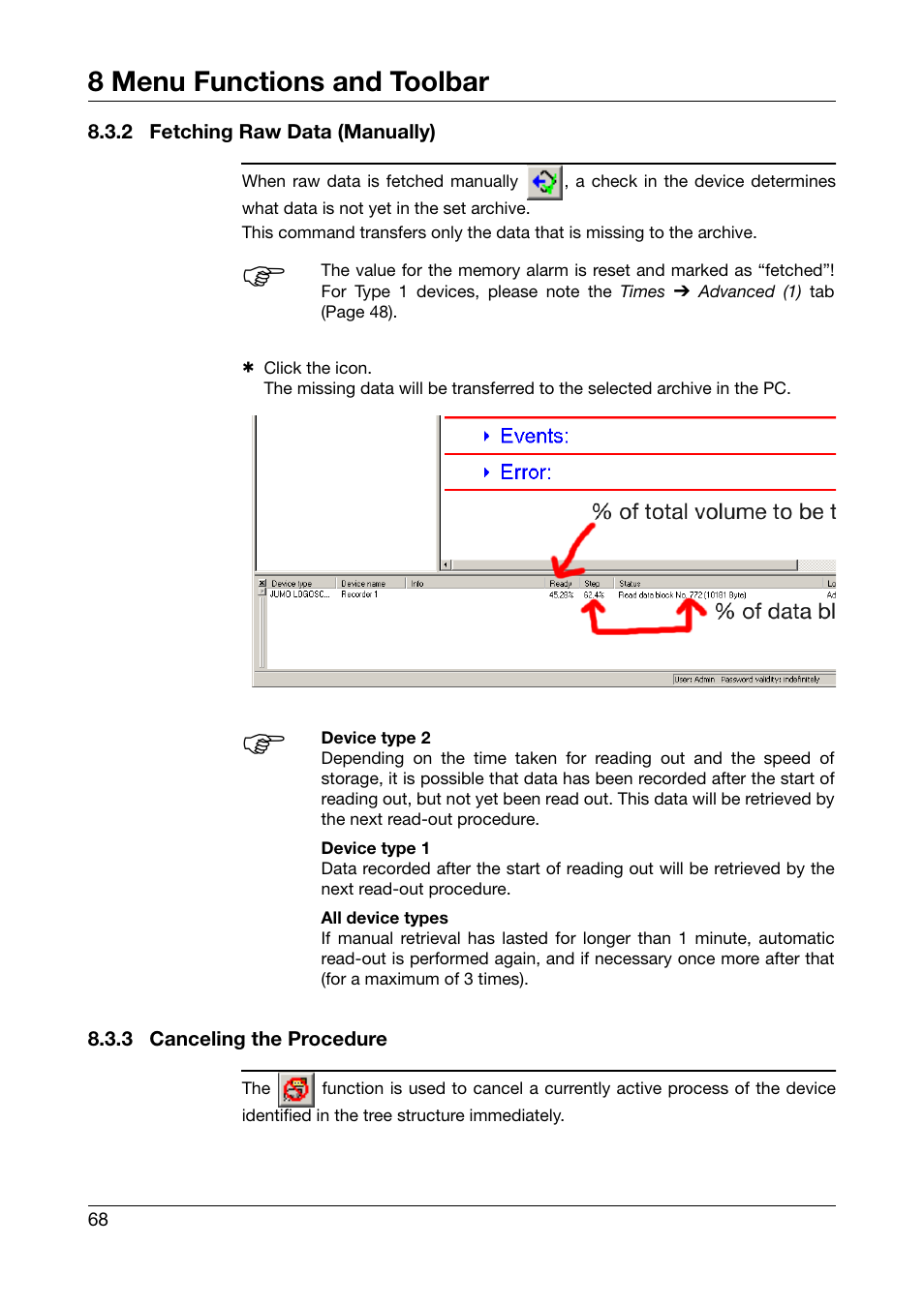 2 fetching raw data (manually), 3 canceling the procedure, Fetching raw data (manually) | Canceling the procedure, 8 menu functions and toolbar | JUMO PCA Communications Software PCC (B 70.9702.0) User Manual | Page 68 / 98