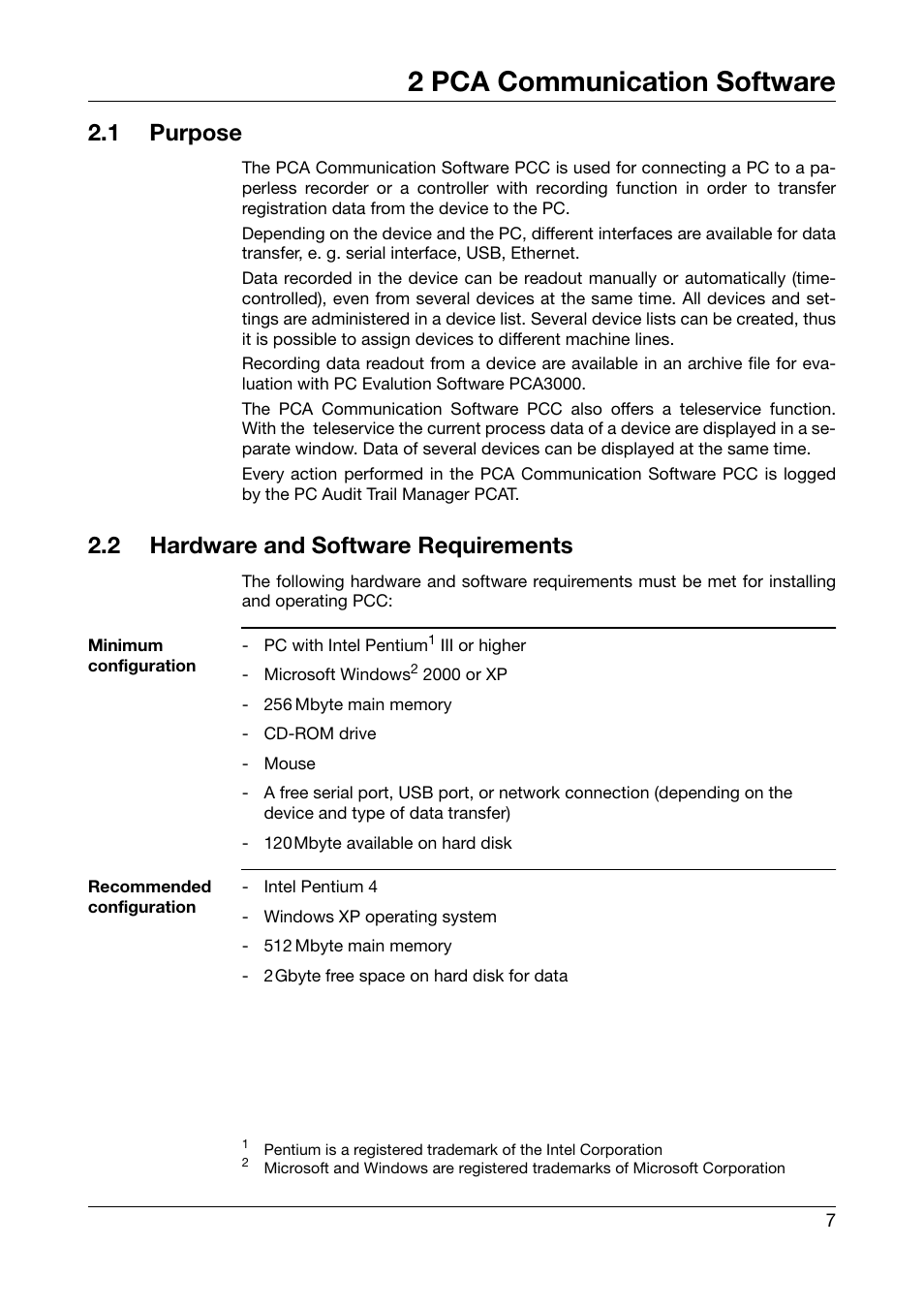 2 pca communication software, 1 purpose, 2 hardware and software requirements | Pca communication software, Purpose, Hardware and software requirements | JUMO PCA Communications Software PCC (B 70.9702.0) User Manual | Page 7 / 98