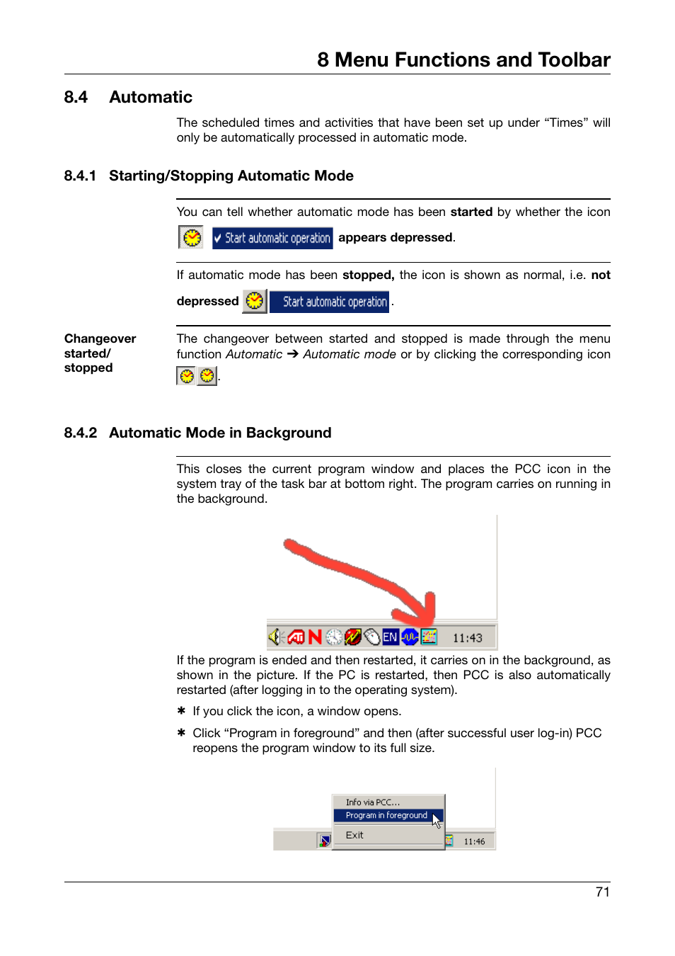 4 automatic, 1 starting/stopping automatic mode, 2 automatic mode in background | Automatic, Starting/stopping automatic mode, Automatic mode in background, 8 menu functions and toolbar | JUMO PCA Communications Software PCC (B 70.9702.0) User Manual | Page 71 / 98