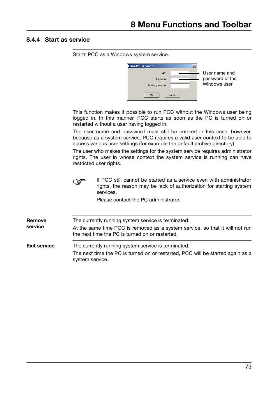 4 start as service, Start as service, 8 menu functions and toolbar | JUMO PCA Communications Software PCC (B 70.9702.0) User Manual | Page 73 / 98