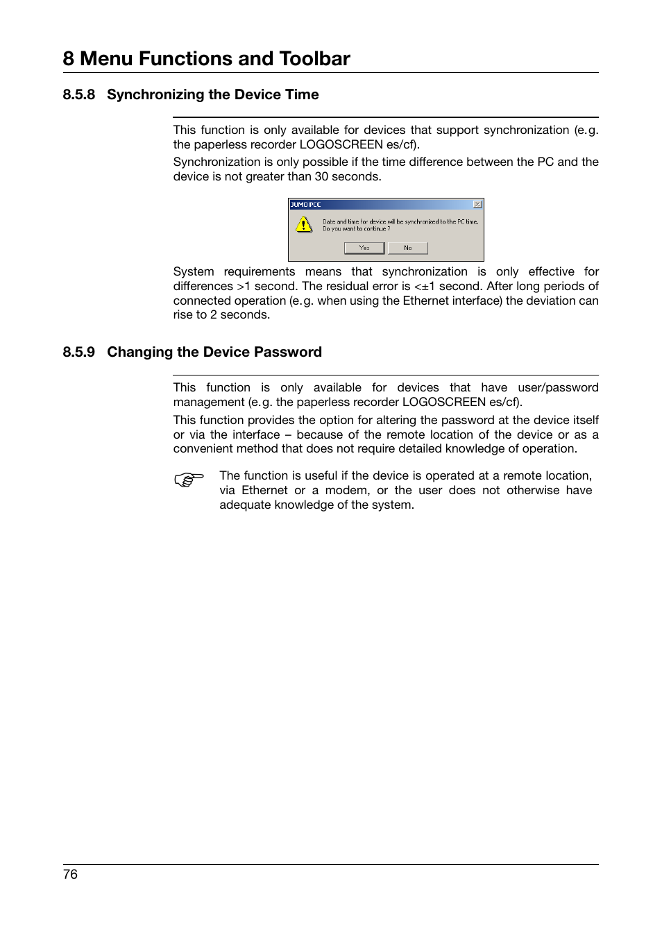 8 synchronizing the device time, 9 changing the device password, Synchronizing the device time | Changing the device password, 8 menu functions and toolbar | JUMO PCA Communications Software PCC (B 70.9702.0) User Manual | Page 76 / 98