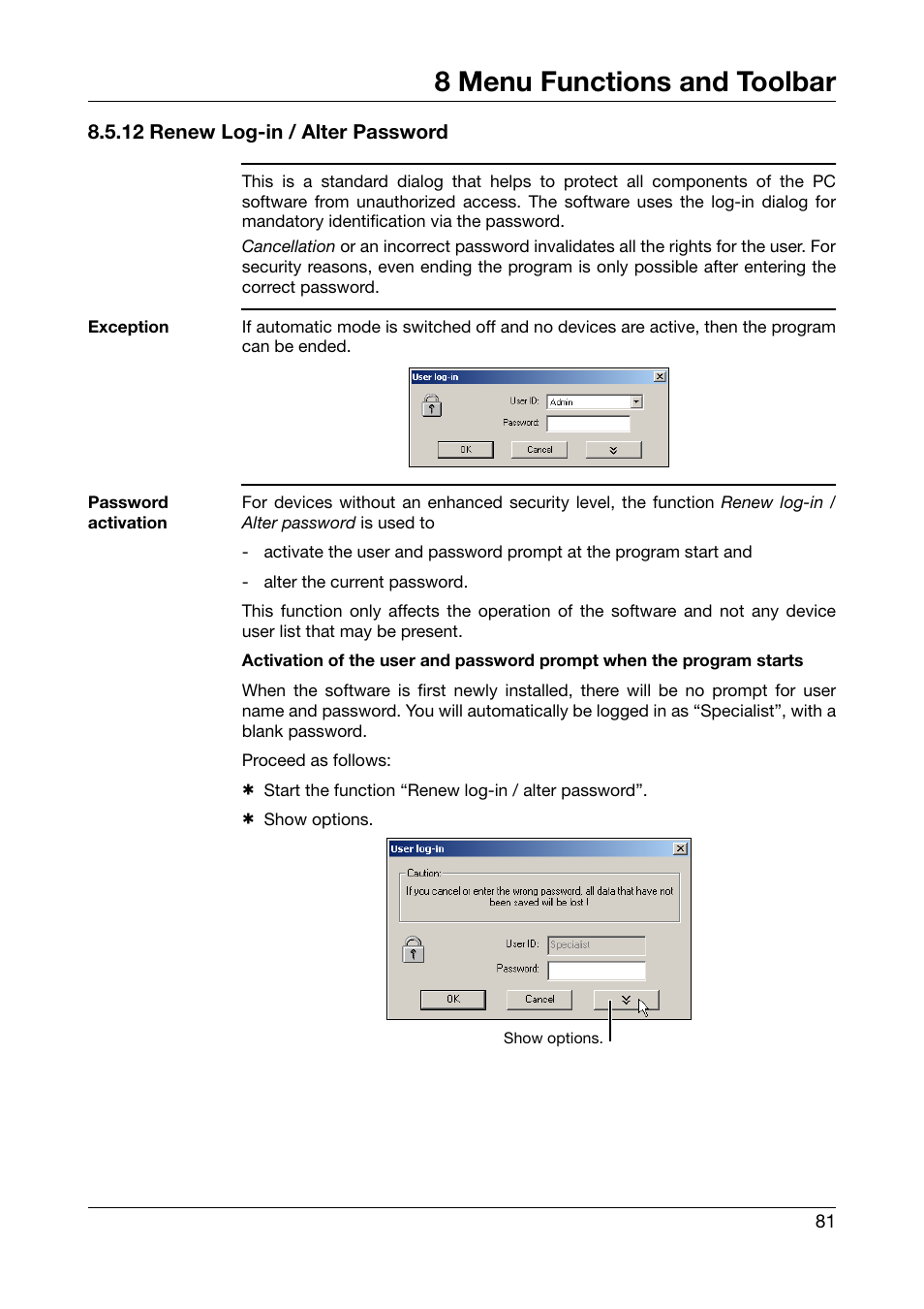 12 renew log-in / alter password, 8 menu functions and toolbar | JUMO PCA Communications Software PCC (B 70.9702.0) User Manual | Page 81 / 98