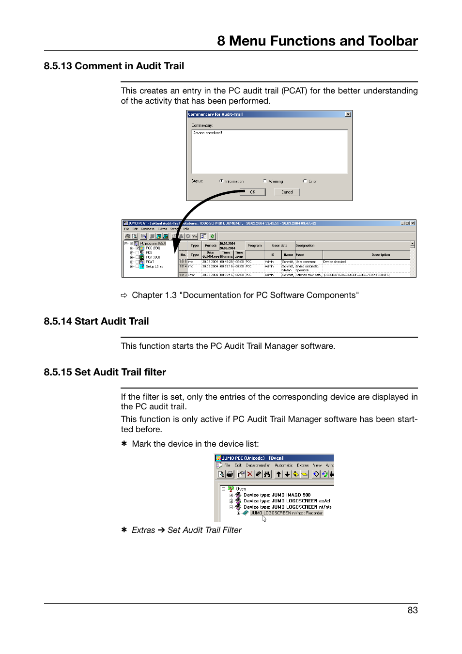 13 comment in audit trail, 14 start audit trail, 15 set audit trail filter | 8 menu functions and toolbar | JUMO PCA Communications Software PCC (B 70.9702.0) User Manual | Page 83 / 98