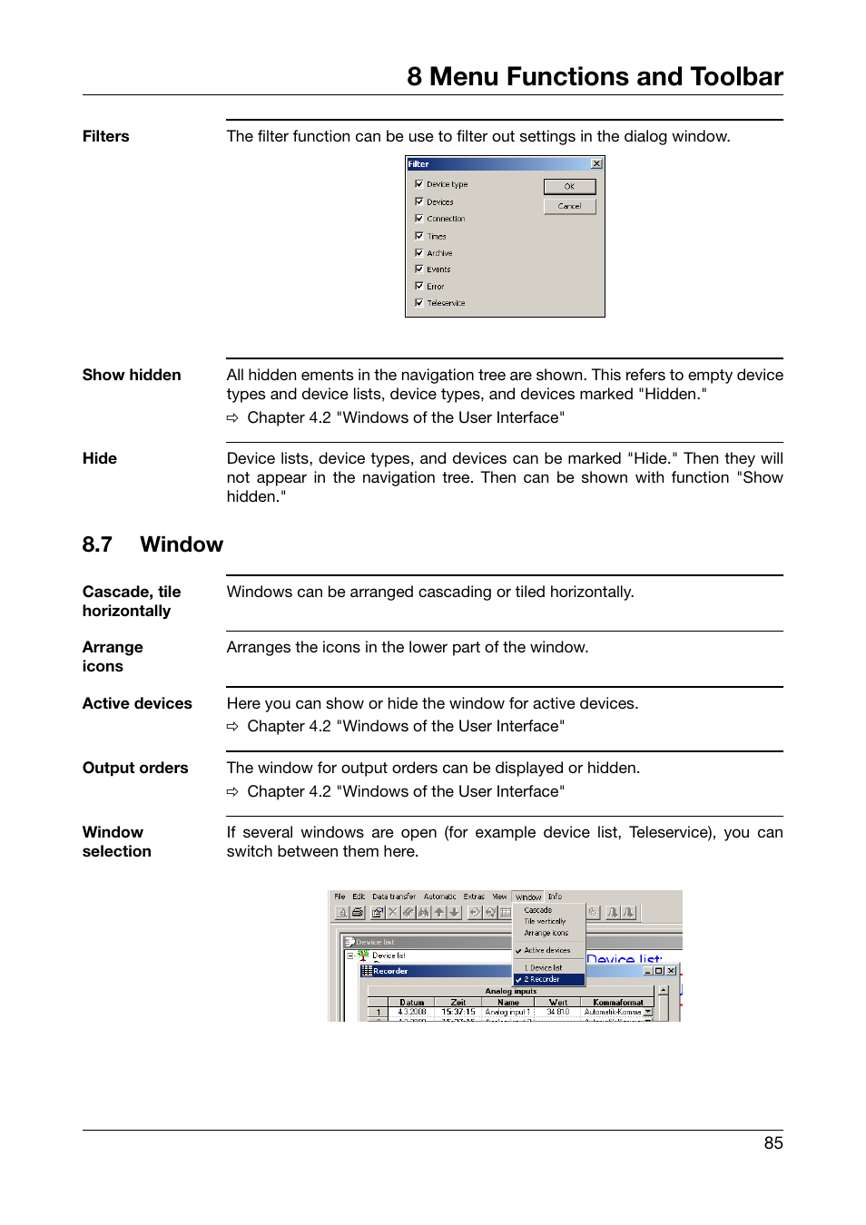7 window, Window, 8 menu functions and toolbar | JUMO PCA Communications Software PCC (B 70.9702.0) User Manual | Page 85 / 98
