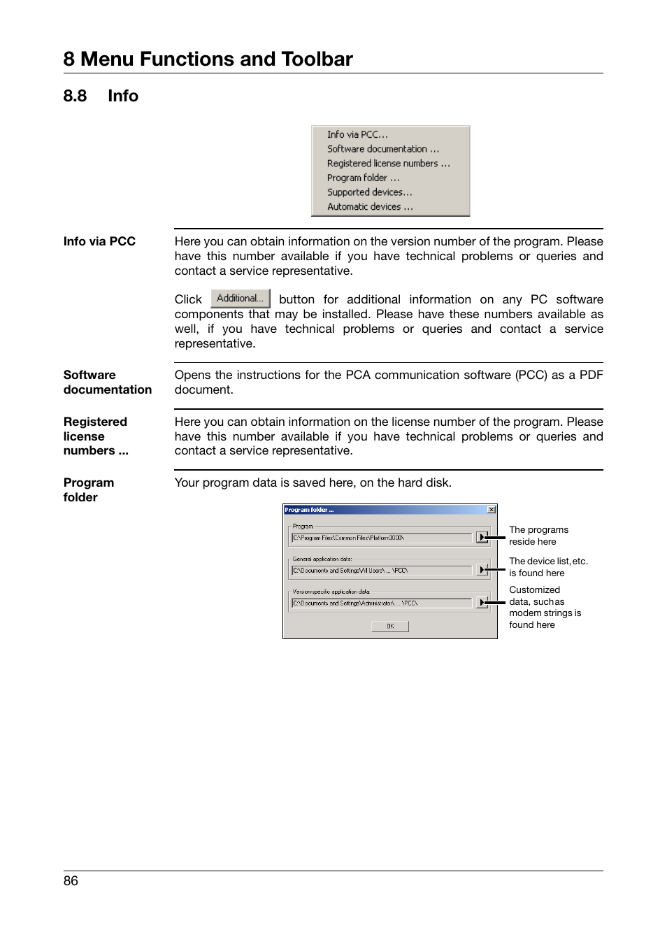 8 info, Info, 8 menu functions and toolbar | JUMO PCA Communications Software PCC (B 70.9702.0) User Manual | Page 86 / 98