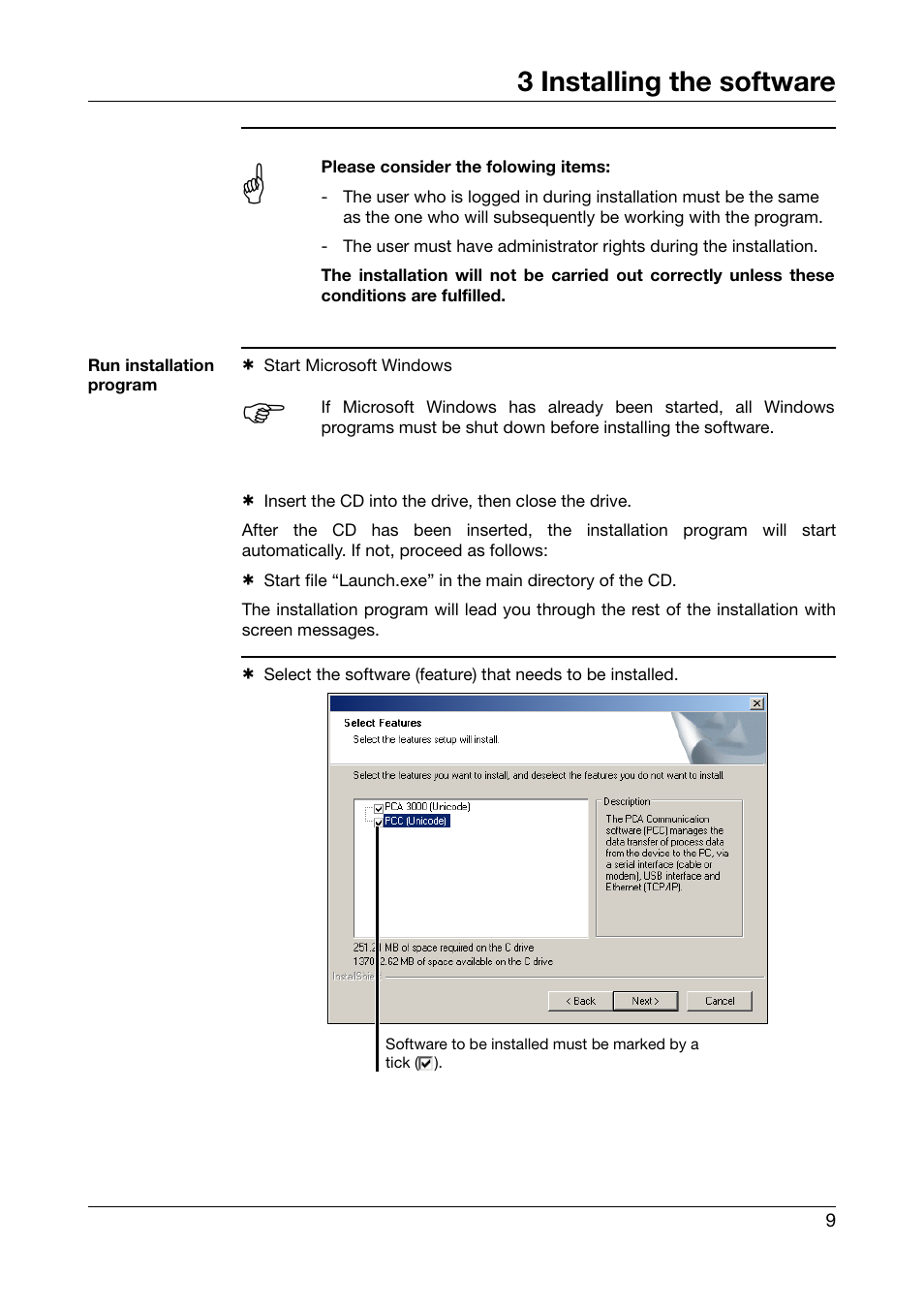 3 installing the software, Installing the software | JUMO PCA Communications Software PCC (B 70.9702.0) User Manual | Page 9 / 98