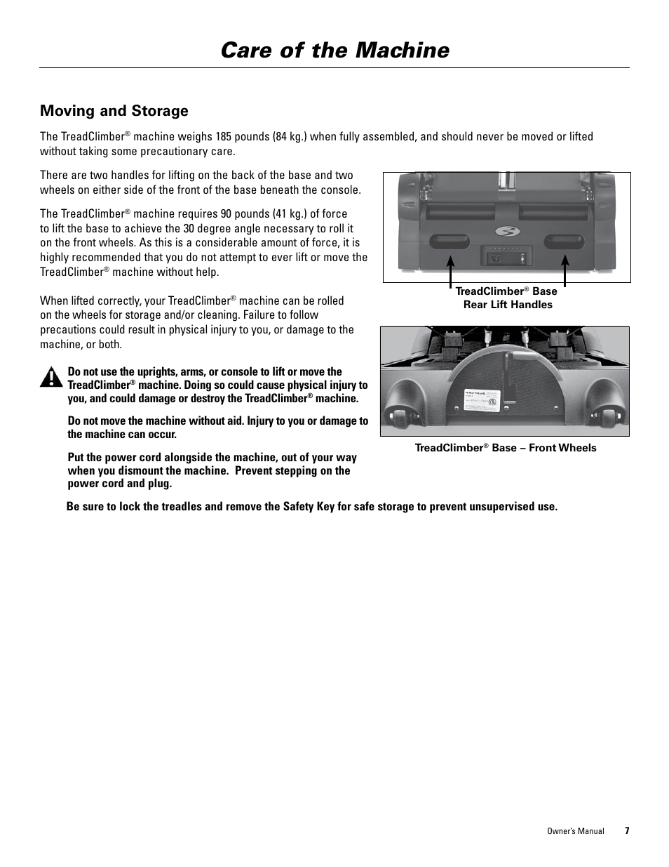 Care of the machine, Moving and storage | Bowflex TreadClimber 5000 User Manual | Page 11 / 44