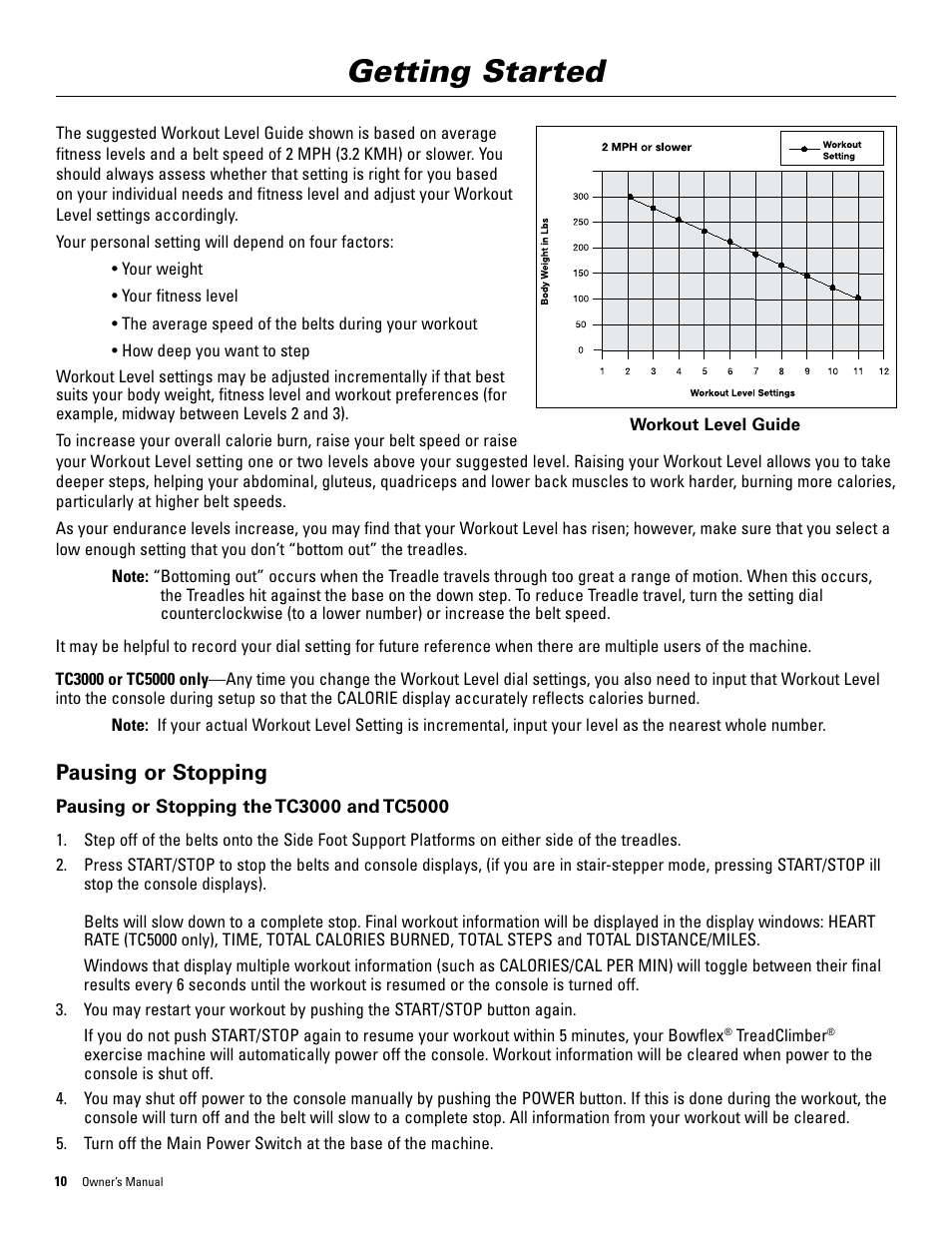 Getting started, Pausing or stopping | Bowflex TreadClimber 5000 User Manual | Page 14 / 44