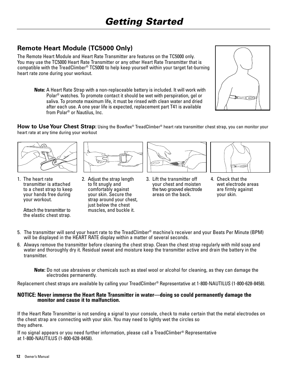 Getting started, Remote heart module (tc5000 only) | Bowflex TreadClimber 5000 User Manual | Page 16 / 44