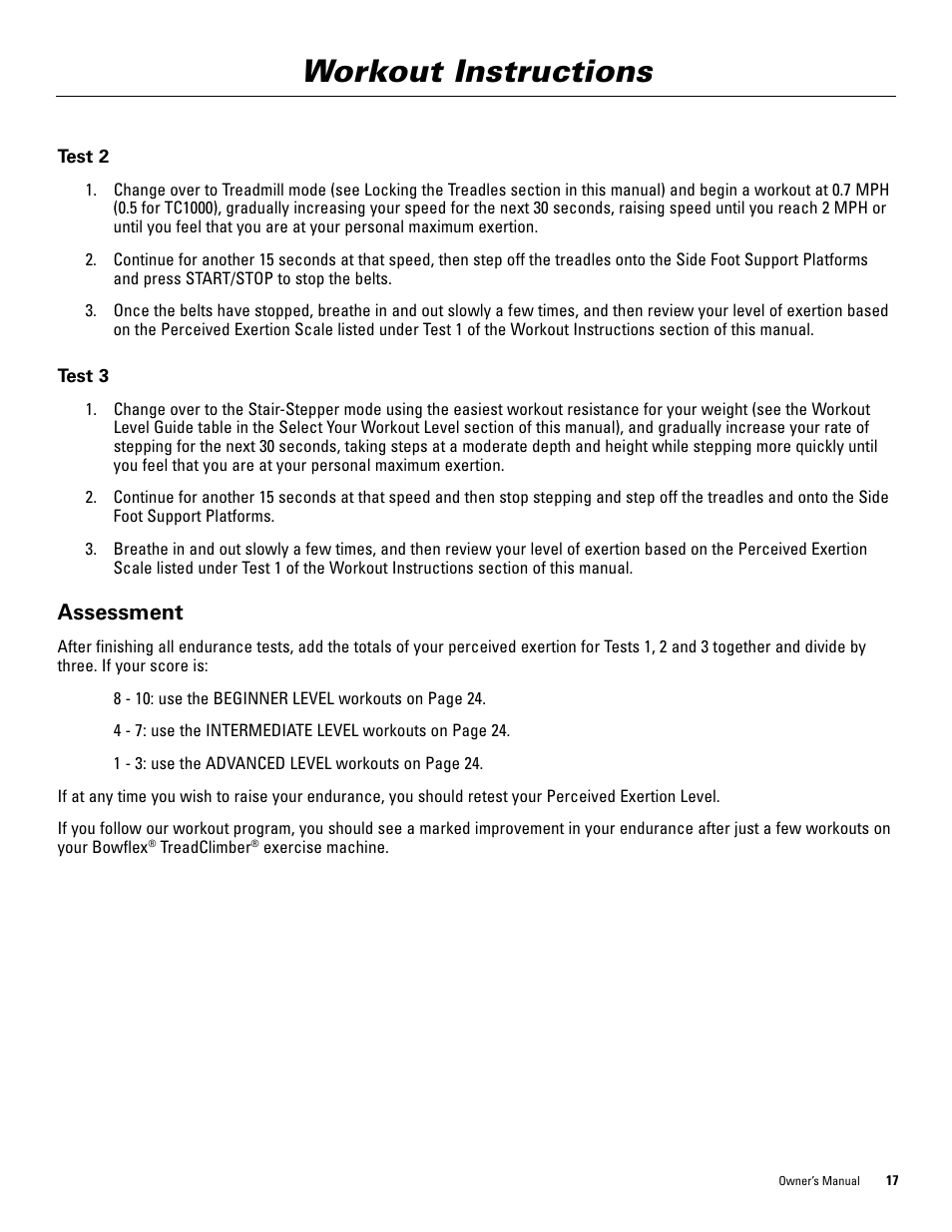 Workout instructions, Assessment | Bowflex TreadClimber 5000 User Manual | Page 21 / 44