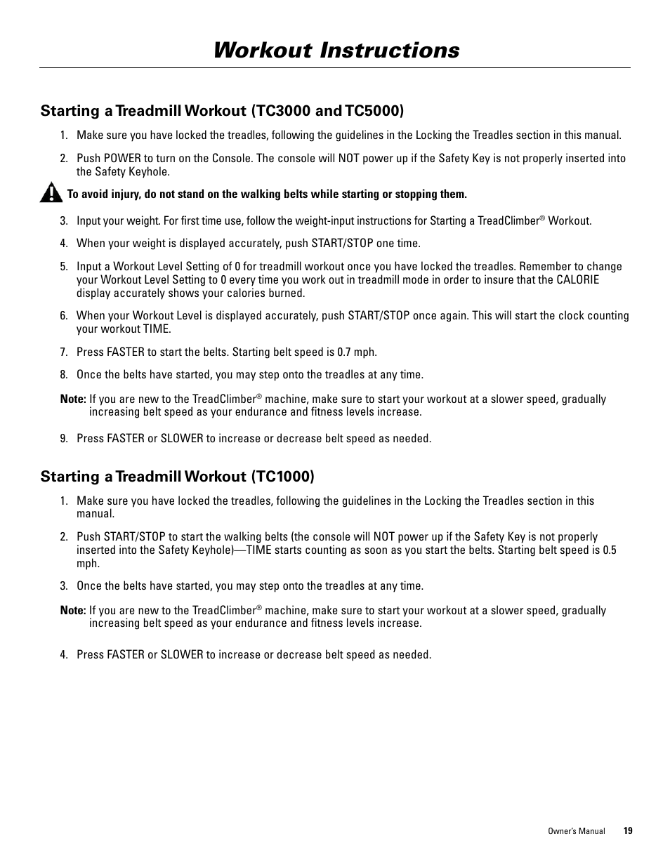 Workout instructions, Starting a treadmill workout (tc1000) | Bowflex TreadClimber 5000 User Manual | Page 23 / 44