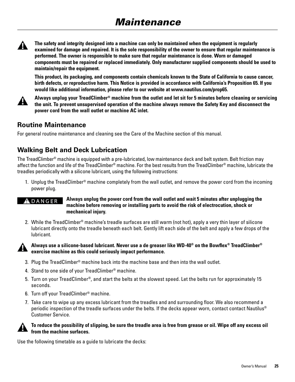 Maintenance, Routine maintenance, Walking belt and deck lubrication | Bowflex TreadClimber 5000 User Manual | Page 29 / 44