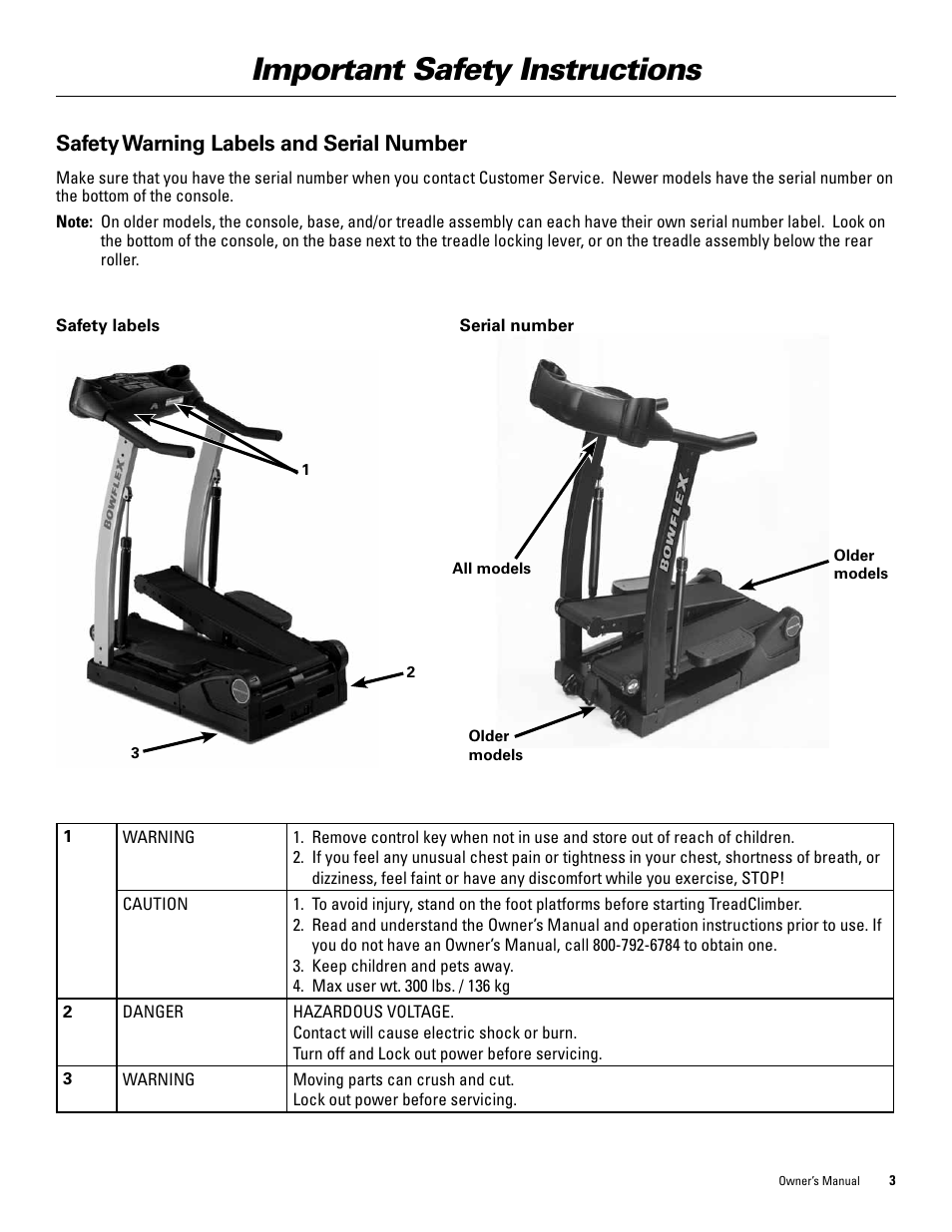 Important safety instructions, Safety warning labels and serial number | Bowflex TreadClimber 5000 User Manual | Page 7 / 44