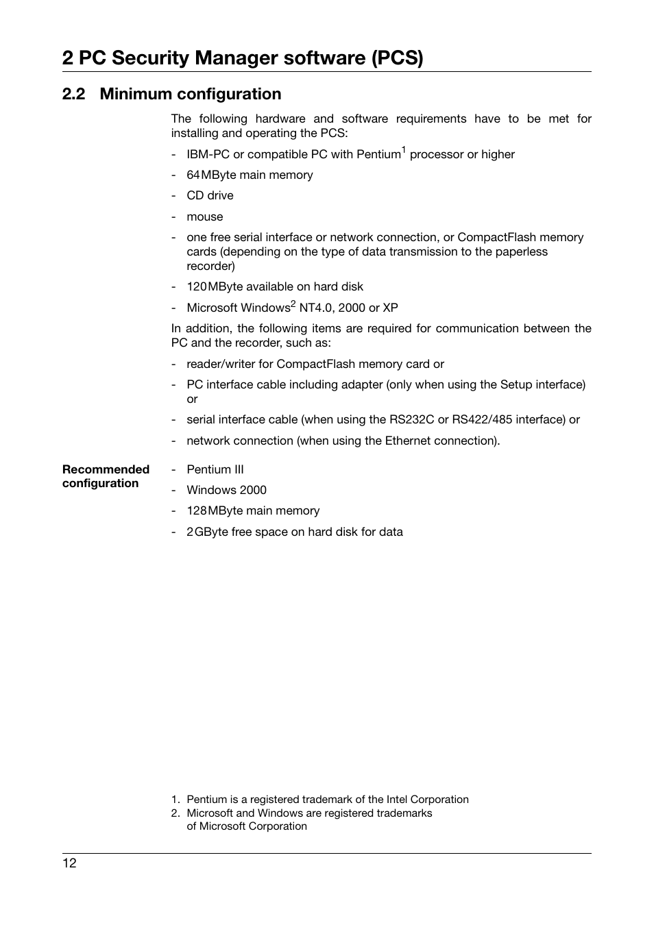2 minimum configuration, Minimum configuration, 2 pc security manager software (pcs) | JUMO PC Security Manager Software PCS (B 70.9703.0) User Manual | Page 12 / 74