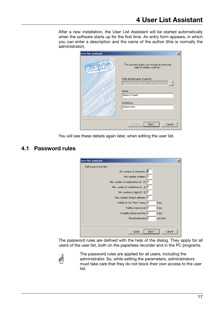 4 user list assistant, 1 password rules, User list assistant | Password rules | JUMO PC Security Manager Software PCS (B 70.9703.0) User Manual | Page 17 / 74