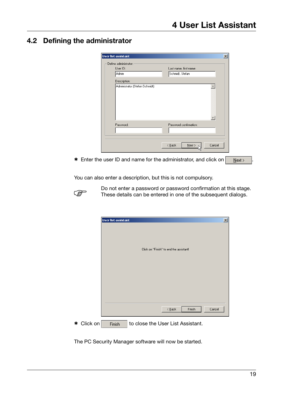 2 defining the administrator, Defining the administrator, 4 user list assistant | JUMO PC Security Manager Software PCS (B 70.9703.0) User Manual | Page 19 / 74