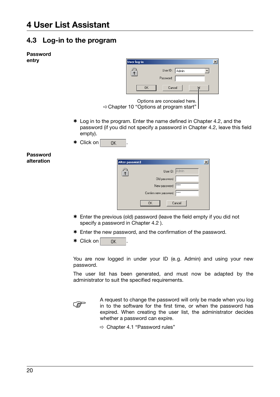 3 log-in to the program, Log-in to the program, 4 user list assistant | JUMO PC Security Manager Software PCS (B 70.9703.0) User Manual | Page 20 / 74