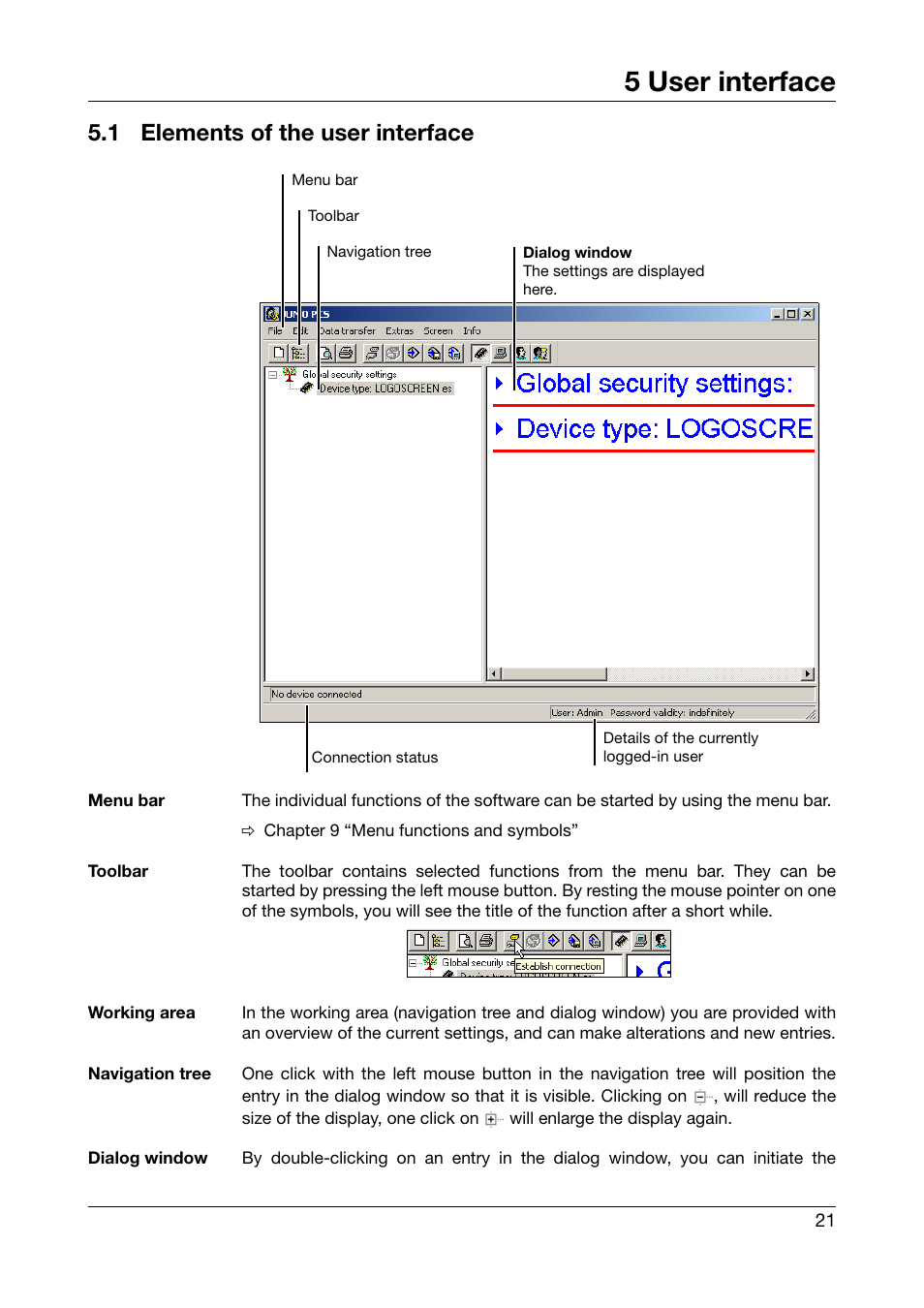 5 user interface, 1 elements of the user interface, User interface | Elements of the user interface | JUMO PC Security Manager Software PCS (B 70.9703.0) User Manual | Page 21 / 74