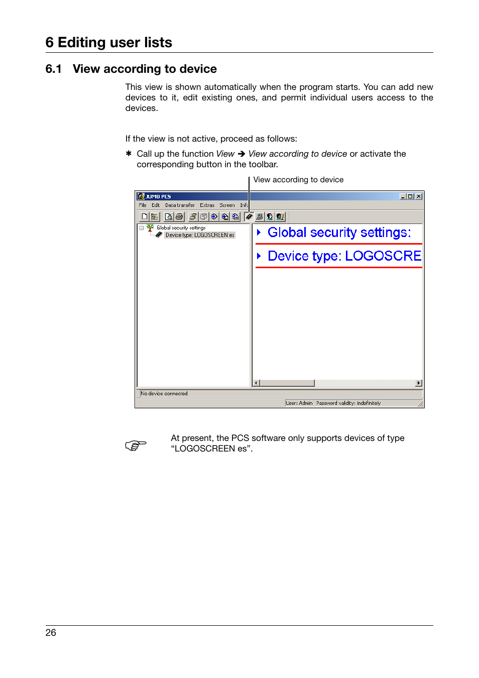 1 view according to device, View according to device, 6 editing user lists | JUMO PC Security Manager Software PCS (B 70.9703.0) User Manual | Page 26 / 74