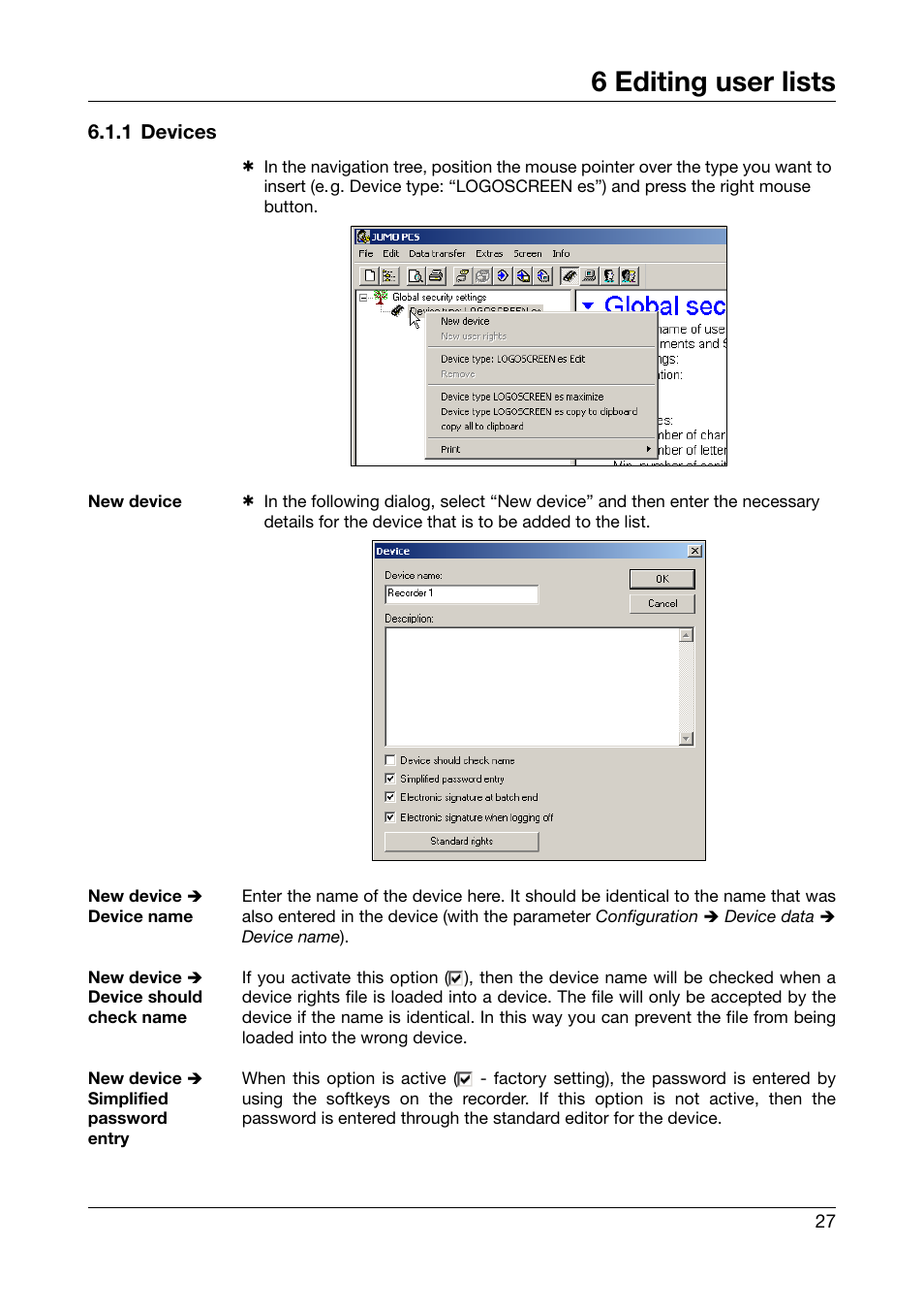 1 devices, 6 editing user lists | JUMO PC Security Manager Software PCS (B 70.9703.0) User Manual | Page 27 / 74