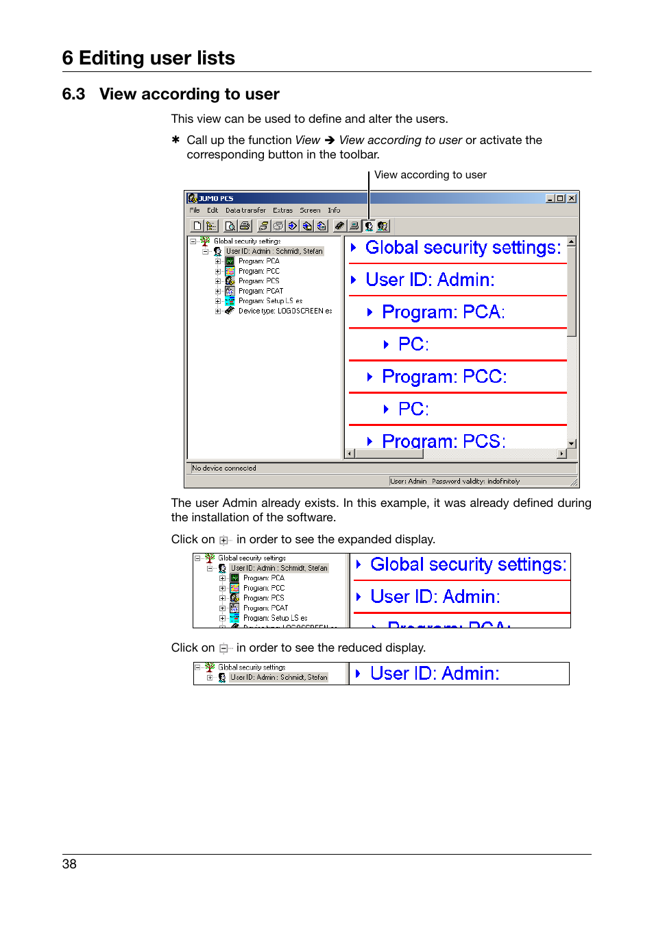 3 view according to user, View according to user, 6 editing user lists | JUMO PC Security Manager Software PCS (B 70.9703.0) User Manual | Page 38 / 74