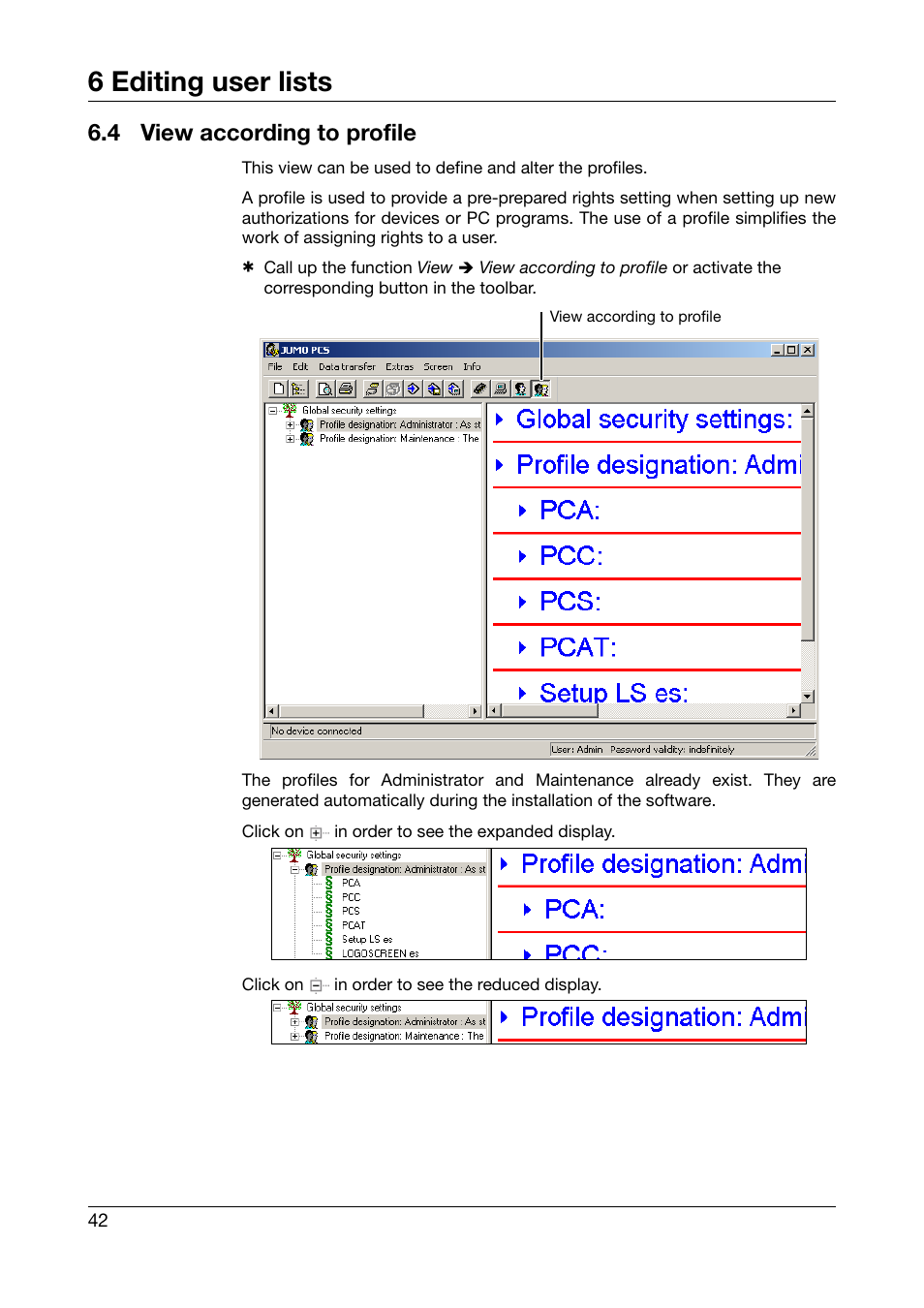 4 view according to profile, View according to profile, 6 editing user lists | JUMO PC Security Manager Software PCS (B 70.9703.0) User Manual | Page 42 / 74