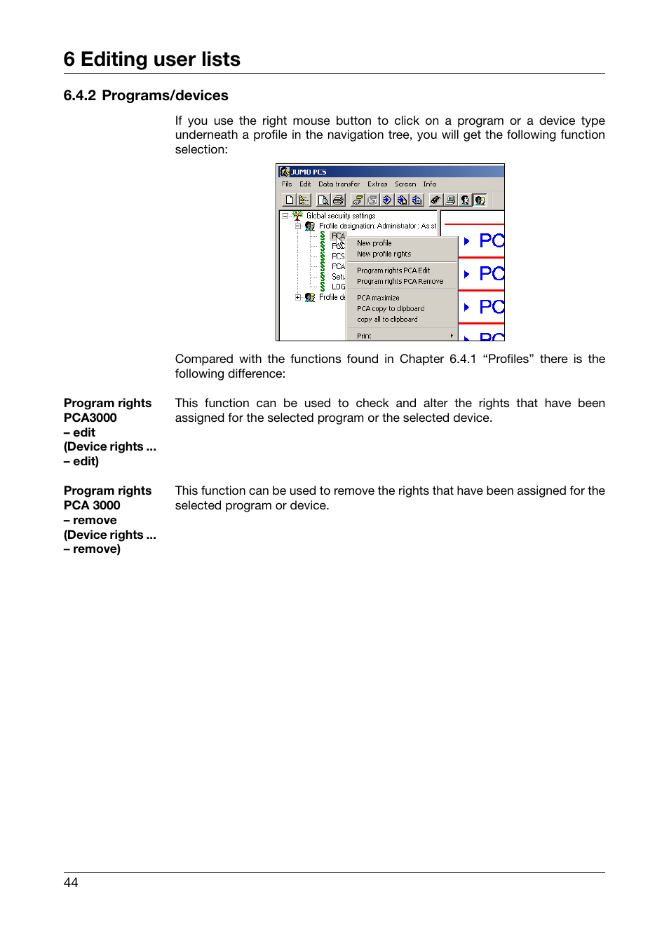 2 programs/devices, 6 editing user lists | JUMO PC Security Manager Software PCS (B 70.9703.0) User Manual | Page 44 / 74