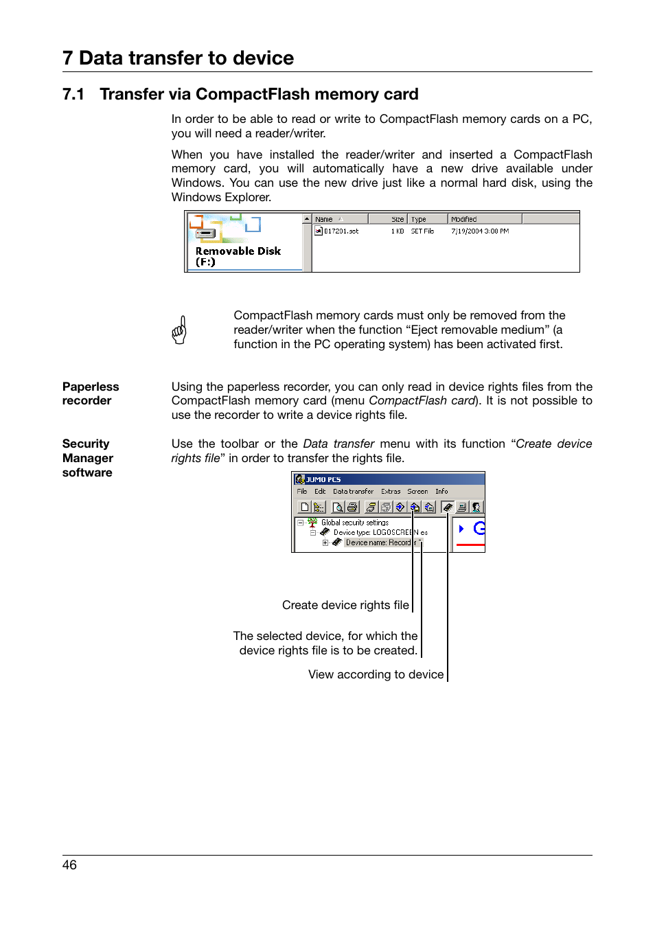 1 transfer via compactflash memory card, Transfer via compactflash memory card, 7 data transfer to device | JUMO PC Security Manager Software PCS (B 70.9703.0) User Manual | Page 46 / 74