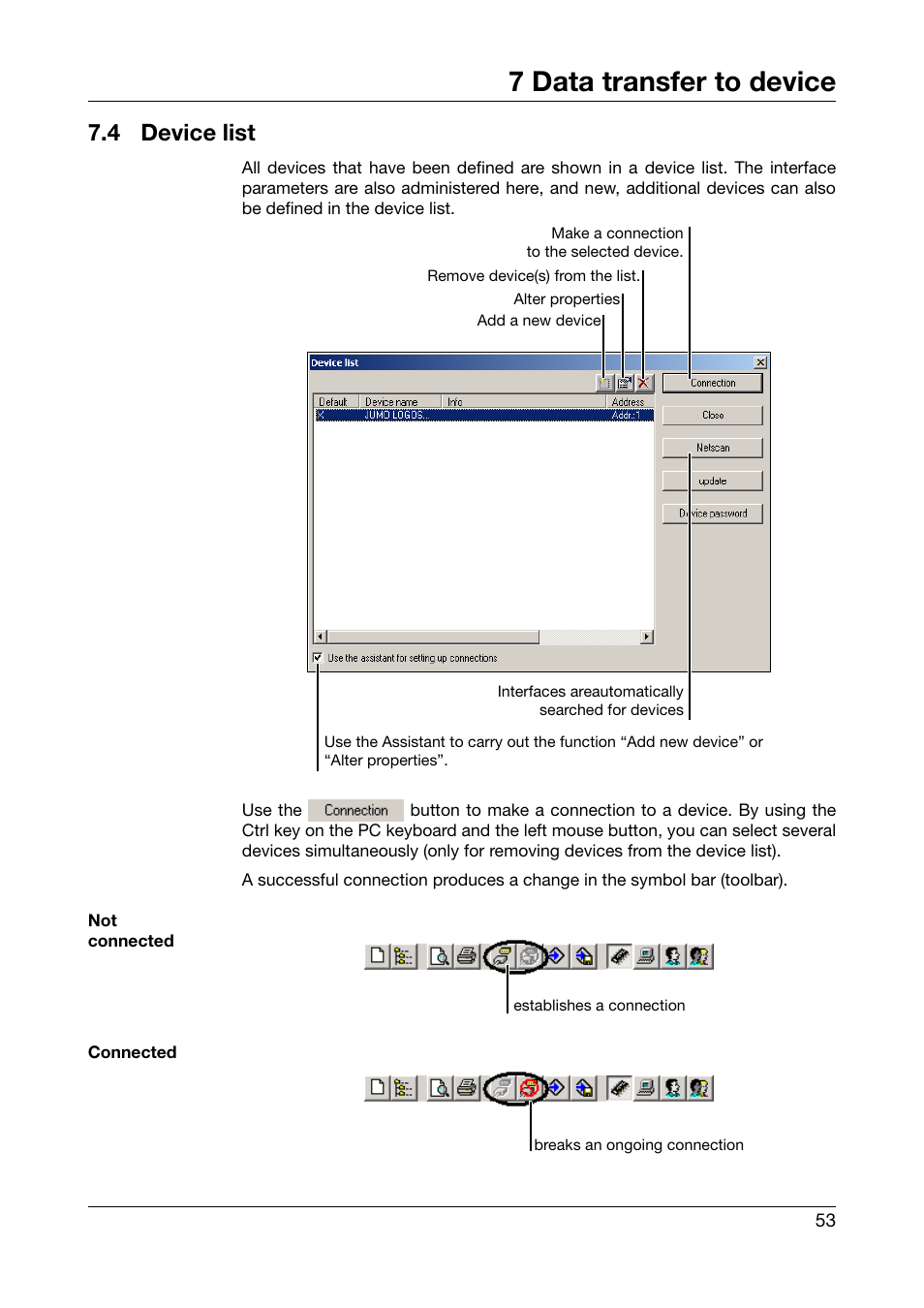 4 device list, Device list, 7 data transfer to device | JUMO PC Security Manager Software PCS (B 70.9703.0) User Manual | Page 53 / 74