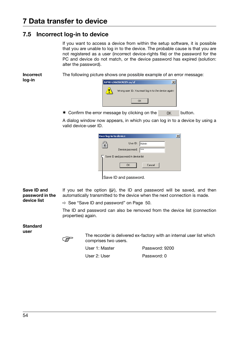 5 incorrect log-in to device, Incorrect log-in to device, 7 data transfer to device | JUMO PC Security Manager Software PCS (B 70.9703.0) User Manual | Page 54 / 74