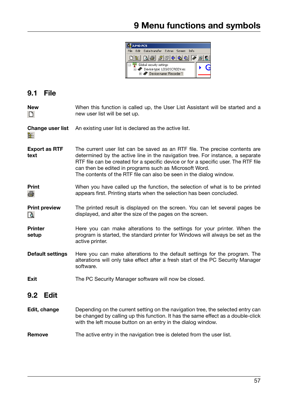 9 menu functions and symbols, 1 file, 2 edit | Menu functions and symbols, File, Edit | JUMO PC Security Manager Software PCS (B 70.9703.0) User Manual | Page 57 / 74