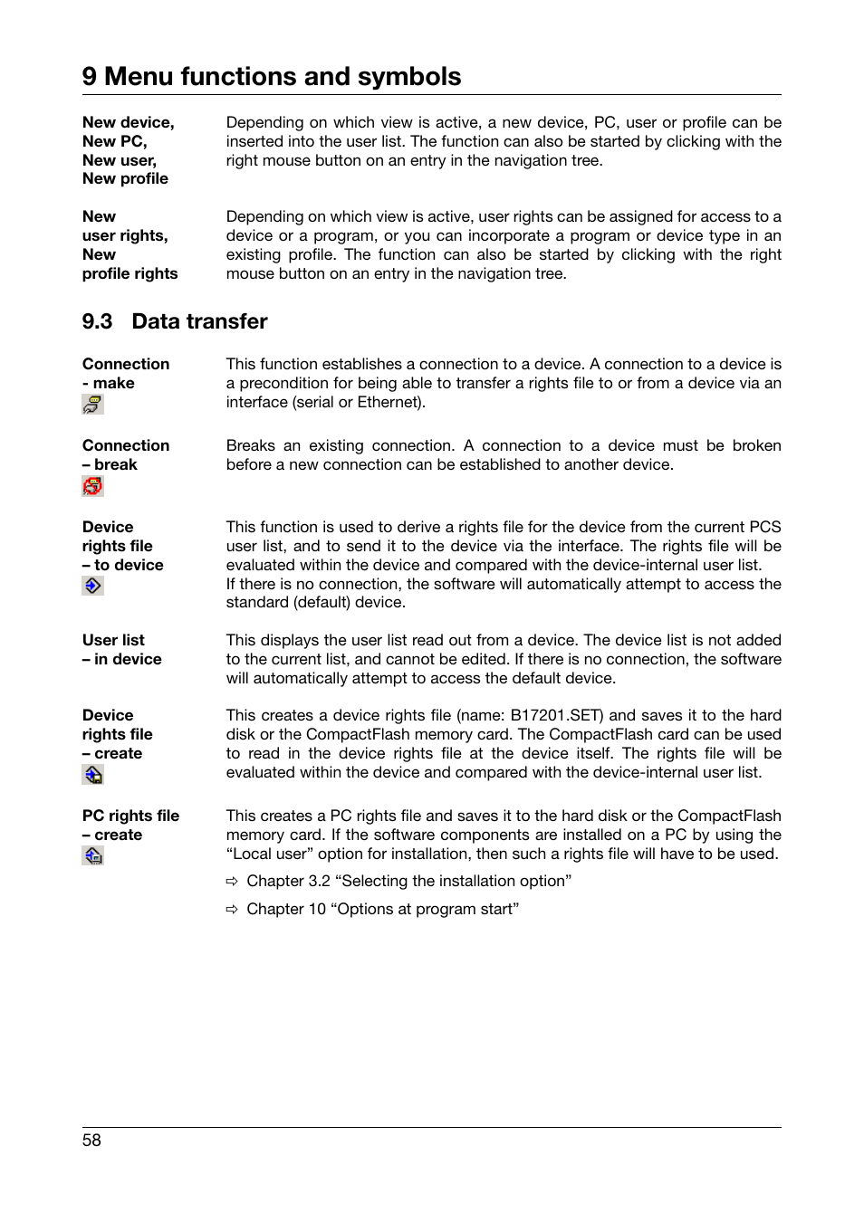 3 data transfer, Data transfer, 9 menu functions and symbols | JUMO PC Security Manager Software PCS (B 70.9703.0) User Manual | Page 58 / 74