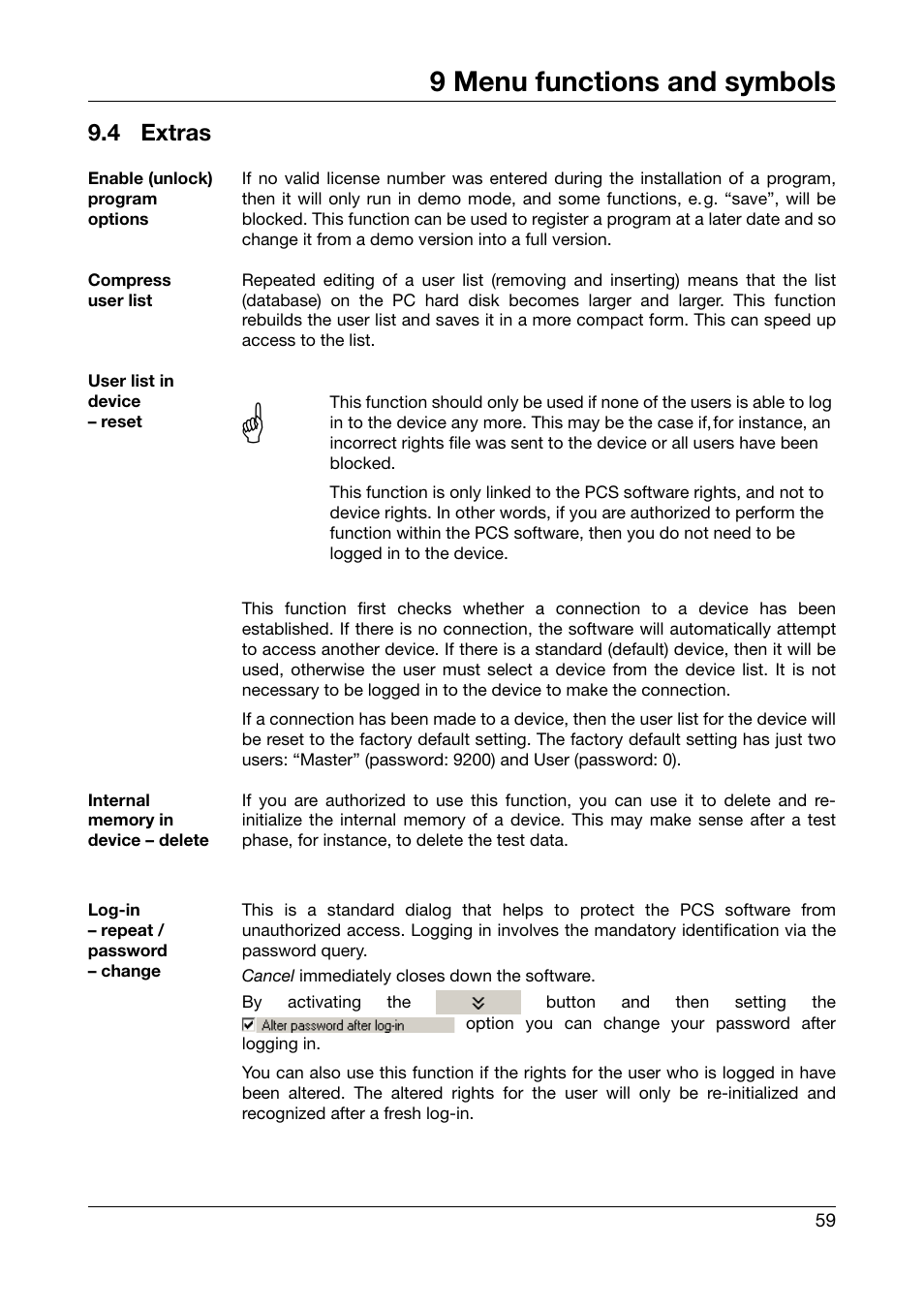 4 extras, Extras, 9 menu functions and symbols | JUMO PC Security Manager Software PCS (B 70.9703.0) User Manual | Page 59 / 74