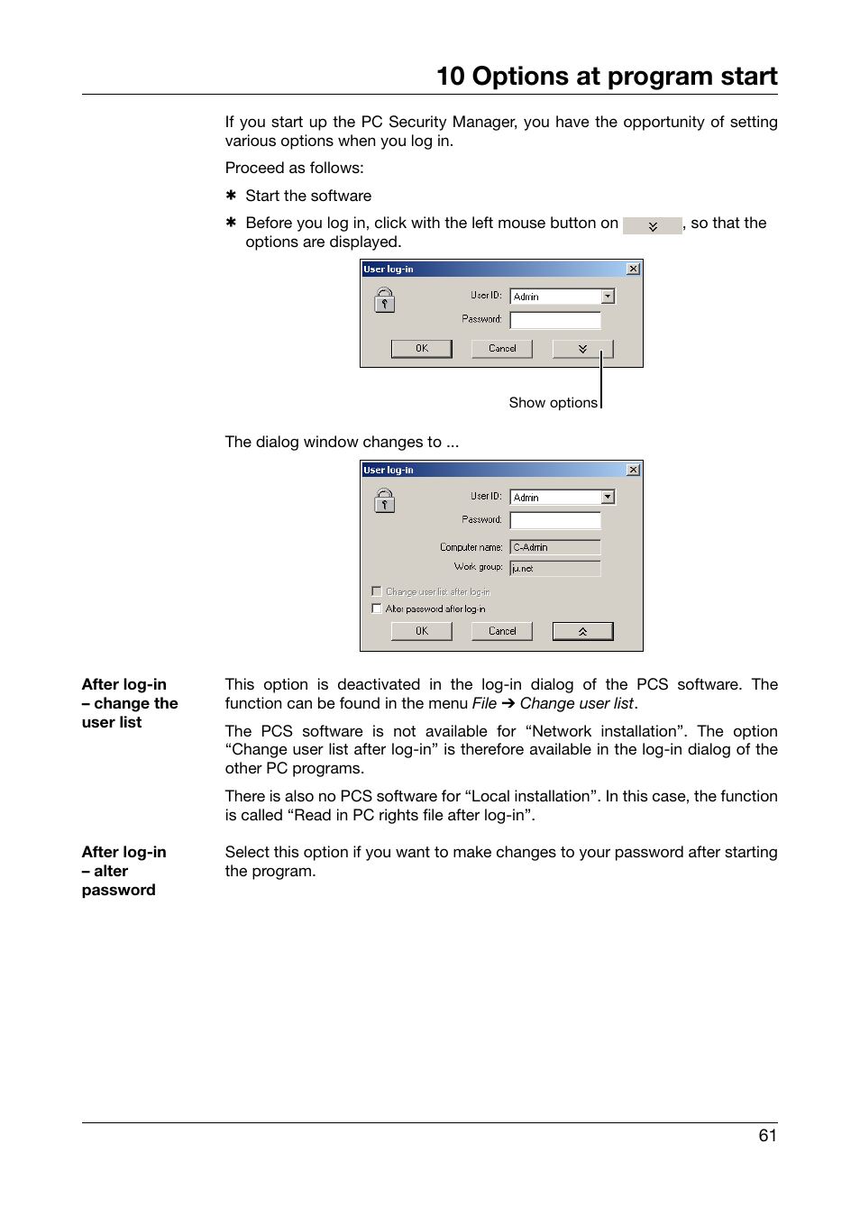 10 options at program start, Options at program start, Chapter 10 “options at program start | JUMO PC Security Manager Software PCS (B 70.9703.0) User Manual | Page 61 / 74