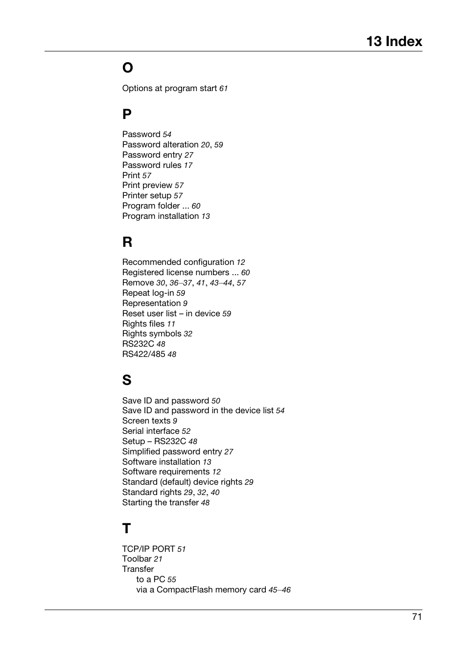 13 index o | JUMO PC Security Manager Software PCS (B 70.9703.0) User Manual | Page 71 / 74