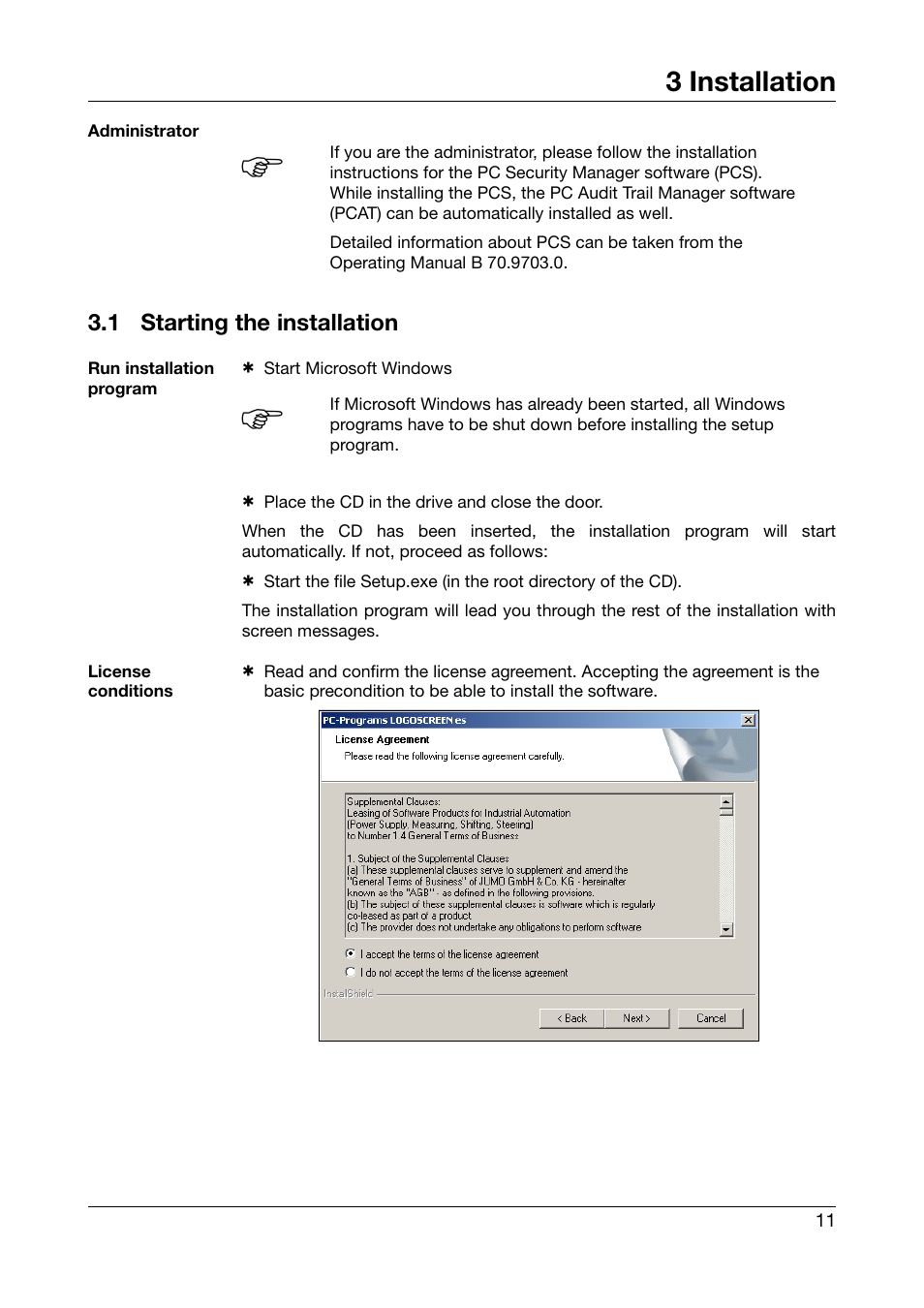 3 installation, 1 starting the installation, Installation | Starting the installation | JUMO PC Audit Trail Manager Software PCAT (B 70.9704.0) User Manual | Page 11 / 44