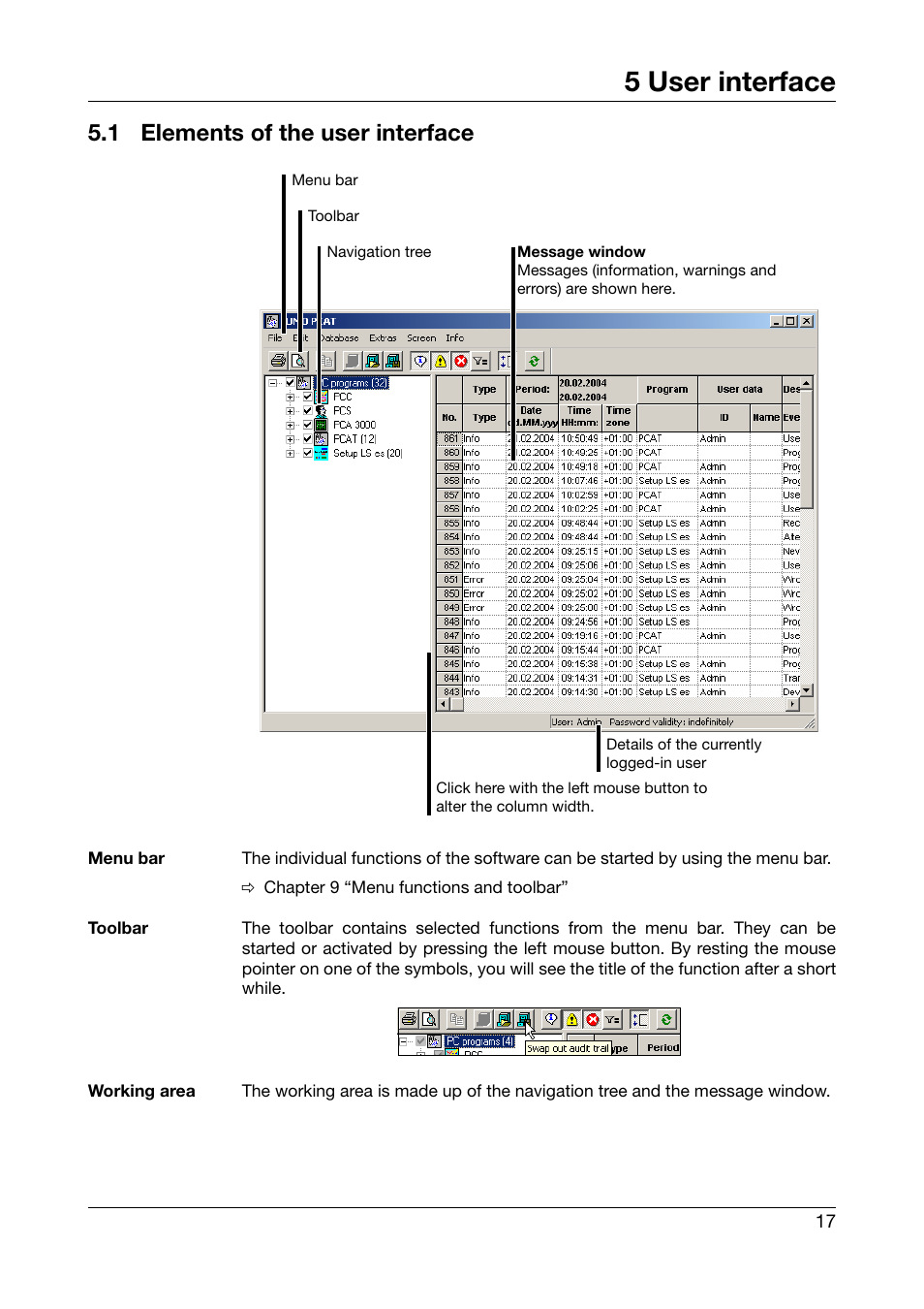 5 user interface, 1 elements of the user interface, User interface | Elements of the user interface | JUMO PC Audit Trail Manager Software PCAT (B 70.9704.0) User Manual | Page 17 / 44