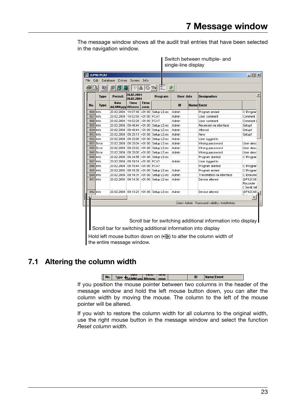 7 message window, 1 altering the column width, Message window | Altering the column width | JUMO PC Audit Trail Manager Software PCAT (B 70.9704.0) User Manual | Page 23 / 44