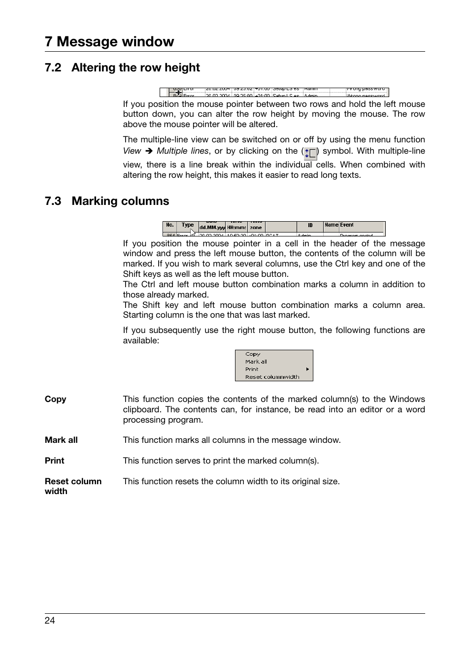 2 altering the row height, 3 marking columns, Altering the row height | Marking columns, 7 message window | JUMO PC Audit Trail Manager Software PCAT (B 70.9704.0) User Manual | Page 24 / 44