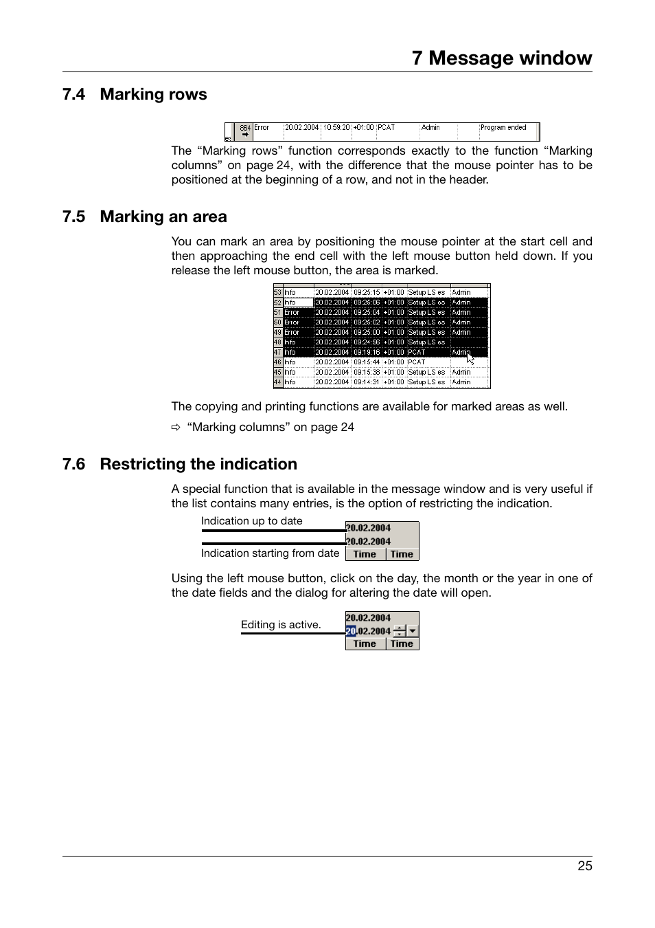 4 marking rows, 5 marking an area, 6 restricting the indication | Marking rows, Marking an area, Restricting the indication, 7 message window | JUMO PC Audit Trail Manager Software PCAT (B 70.9704.0) User Manual | Page 25 / 44