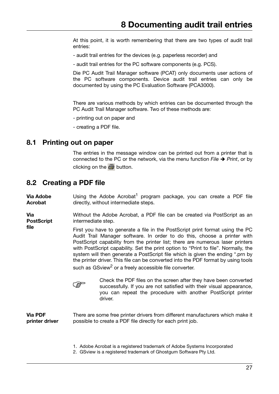 8 documenting audit trail entries, 1 printing out on paper, 2 creating a pdf file | Documenting audit trail entries, Printing out on paper, Creating a pdf file | JUMO PC Audit Trail Manager Software PCAT (B 70.9704.0) User Manual | Page 27 / 44