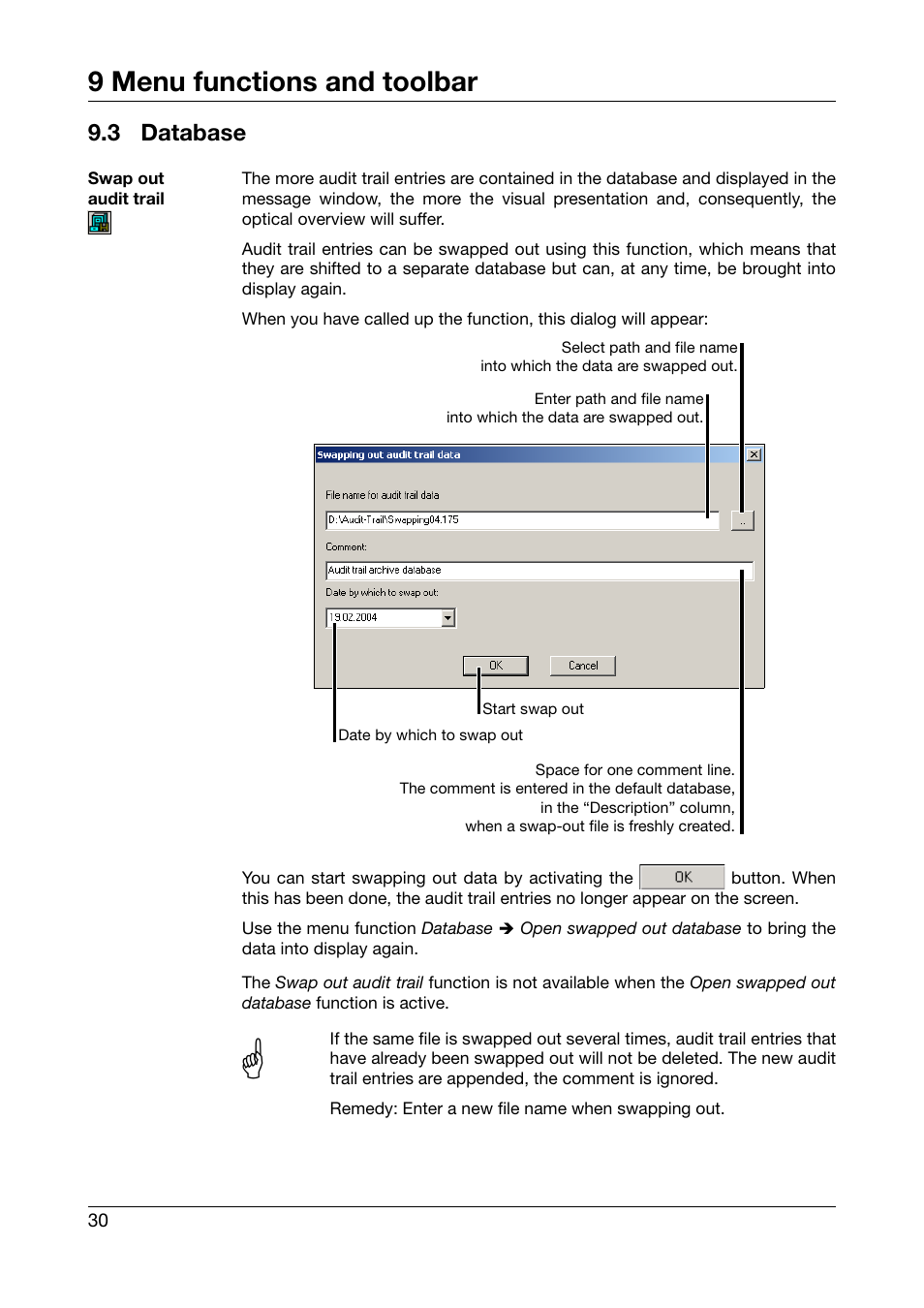 3 database, Database, 9 menu functions and toolbar | JUMO PC Audit Trail Manager Software PCAT (B 70.9704.0) User Manual | Page 30 / 44