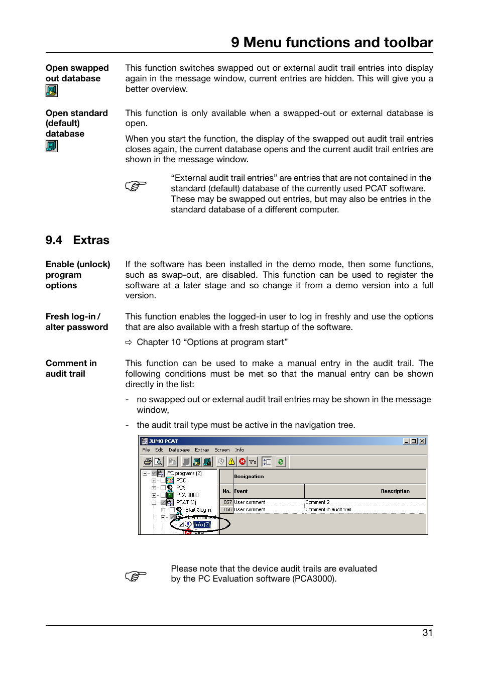 4 extras, Extras, 9 menu functions and toolbar | JUMO PC Audit Trail Manager Software PCAT (B 70.9704.0) User Manual | Page 31 / 44